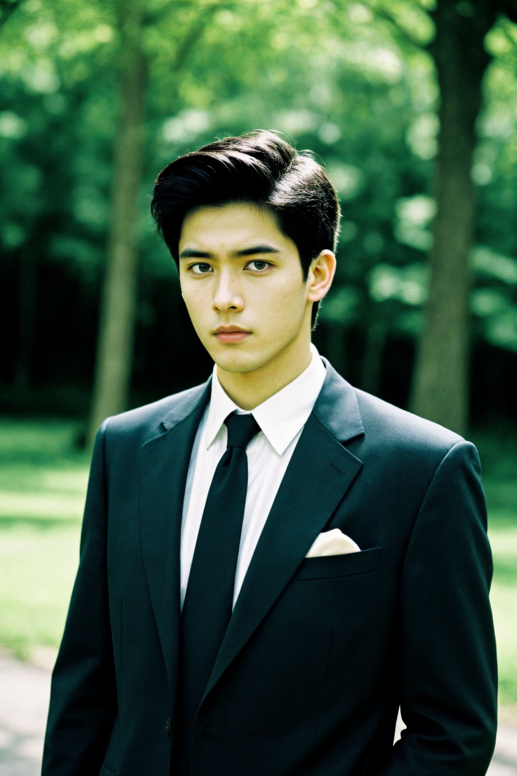 f8.0, noise, jpeg artefacts, poor lighting, low light, underexposed, high contrast, solo, 1boy, film grain, realistic, photorealistic, male focus, looking at viewer, suit, tree, outdoors, 