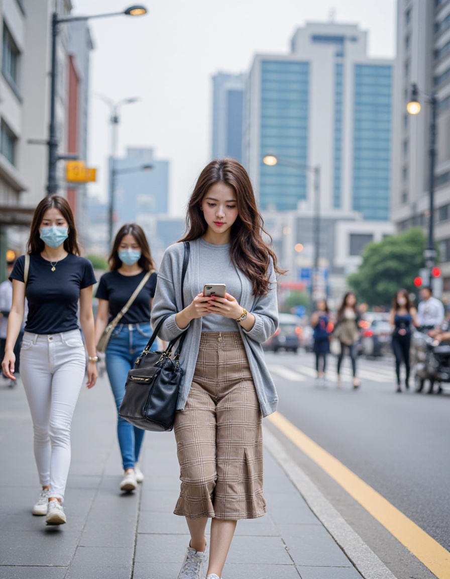 The image is a high-resolution photograph capturing a busy urban street scene. The central focus is a young woman walking confidently on the sidewalk. She has long,dark brown hair cascading over her shoulders and is wearing a light gray cardigan over a gray top. Her outfit also includes a high-waisted,knee-length skirt in a plaid pattern of brown and white,paired with white sneakers. She carries a large black leather handbag over her left shoulder and holds a smartphone in her right hand,looking at it intently.,In the background,there are two other women walking in the same direction. One,slightly behind the main subject,wears a black t-shirt and white pants,with a white handbag and a gold watch on her left wrist. The other woman,further back,wears a dark blue top and dark pants,with a white handbag and a blue face mask covering her nose and mouth.,The background reveals a cityscape with blurred buildings and traffic,suggesting a busy urban environment. The sky is overcast,contributing to a muted color palette. Street lamps and utility poles are visible along the sidewalk,adding to the urban ambiance. The overall scene conveys a sense of modern city life.,