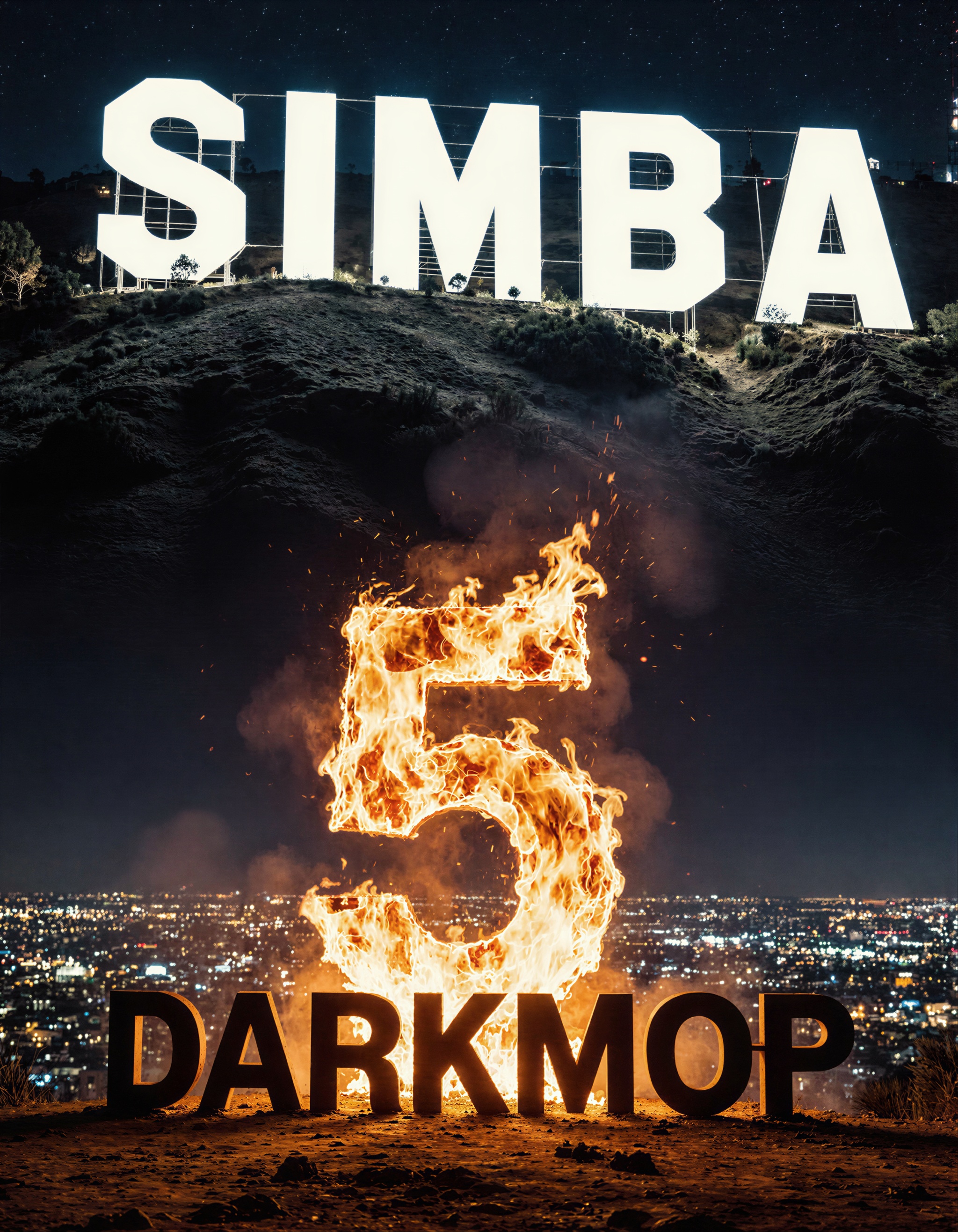 cinematic Hollywood Hills night scene,  iconic Hollywood sign on the hill replaced with large bold white letters "SIMBA" i...