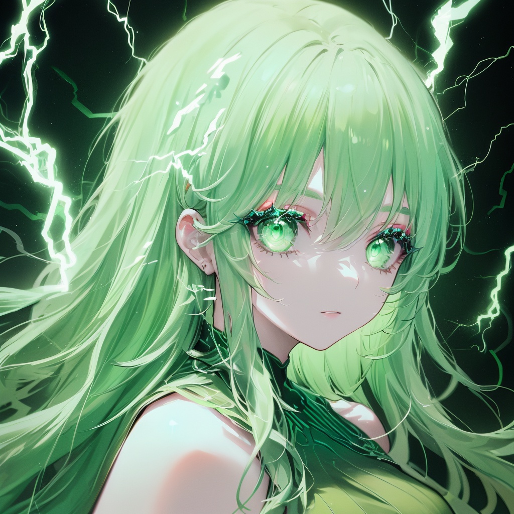masterpiece,best quality, ultra-detailed, 1girl, beautiful detailed eyes, beautiful detailed glow, detailed lightning, beautiful detailed lightning,  long hair,green lightning,glowing,electricity,gradient,light,(((green dress))),green Theme,Lightning hair,fully body,makeup <lora:ldv2-000008:0.5>，Lightning surrounds the body