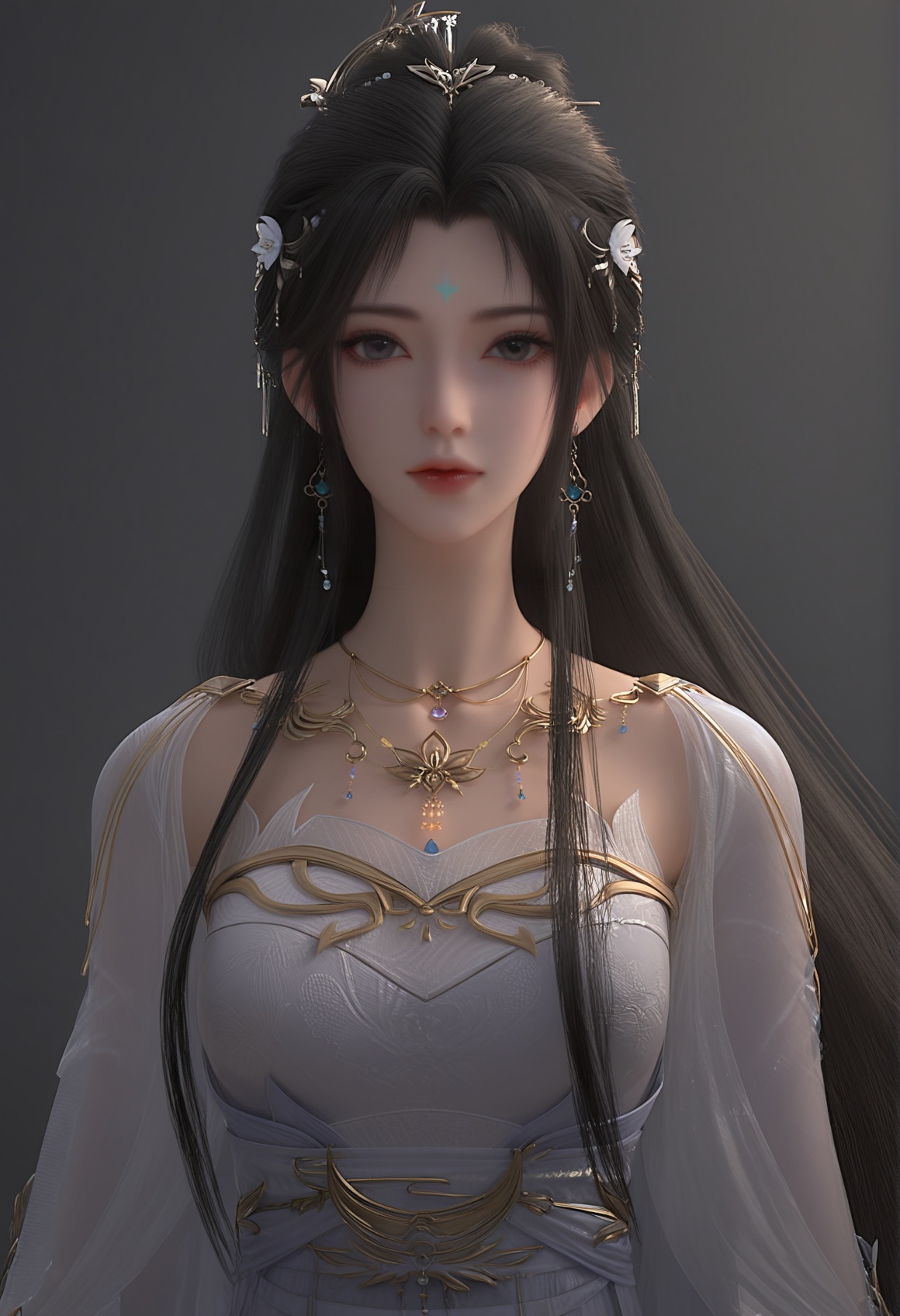 (score_9),upper body,<lora:清漪-apony:0.85>,qingyi,1girl,solo,hair ornament,long hair,earrings,black hair,forehead mark,hair flower,detached sleeves,white dress,jewelry,necklace,belt,sash,<lora:perfect eyes_v1:0.8>,looking at viewer,front view,<lora:Expressive_H-000001:0.8>,Expressiveh,collarbone,(glamor:1.2),curvy,pointy breasts,puffy breasts,ultra-detailed skin texture,black background,simple background,4K ultra HD,sharp focus,high detail,natural lighting,high contrast,