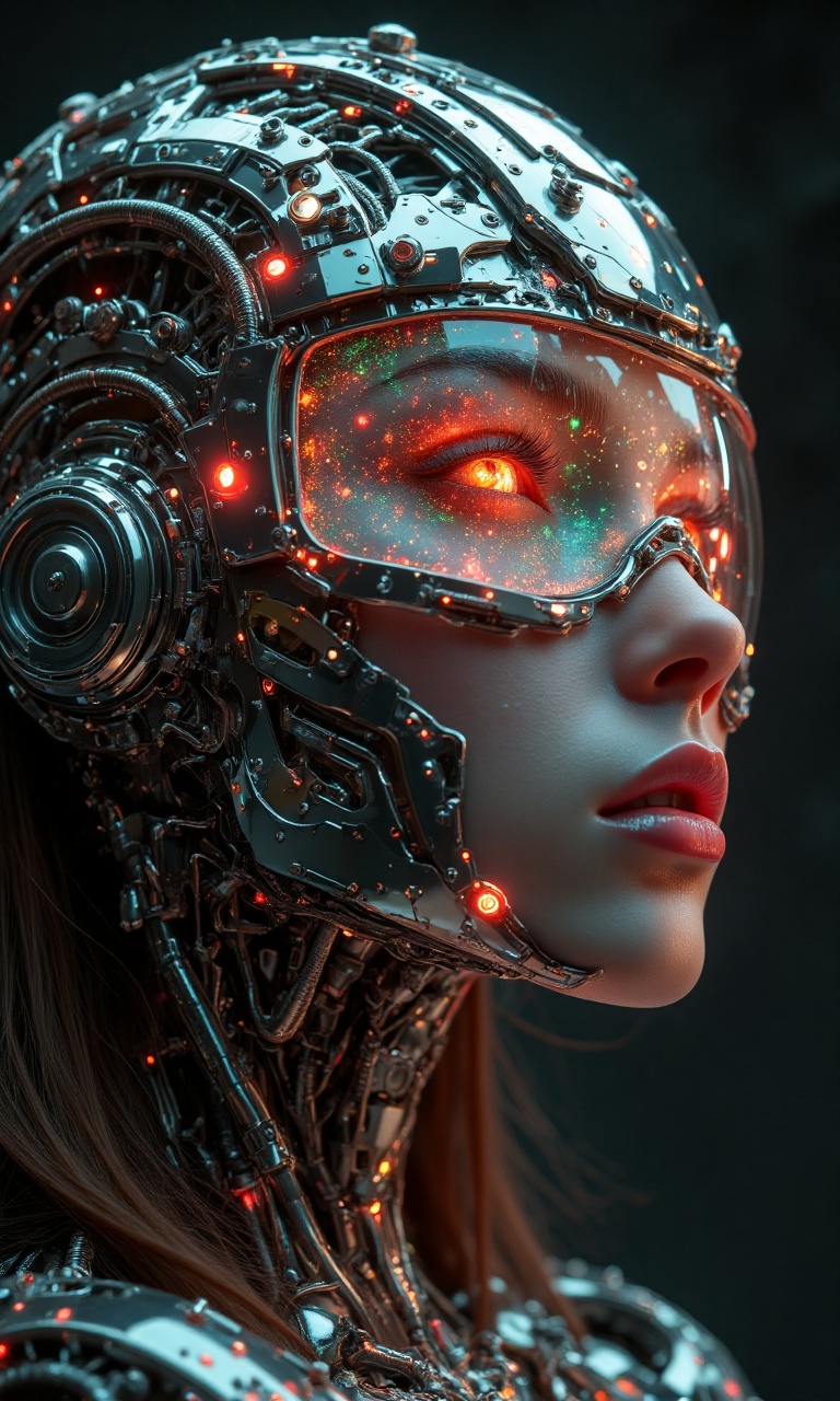JMstyle-CGI,The image is a highly detailed digital artwork depicting a futuristic,cybernetic human head. The subject is a young woman with light skin,medium-length brown hair,and a serene expression. Her head is encased in a complex,intricate network of metallic circuits and wires,seamlessly integrated into her skin,giving the impression of a fusion between human and machine. The metallic components are primarily silver and gold,with numerous small,glowing red and green lights embedded within the circuitry,adding a dynamic,vibrant element to the composition.She wears a transparent,high-tech visor over her eyes,which reflect a kaleidoscope of colors and patterns,suggesting advanced holographic technology. The visor has a reflective,almost mirror-**** surface,catching and amplifying the ambient light around her. Her ears are adorned with small,circular,metallic devices,possibly earphones or part of her cybernetic enhancements.The background is a deep,dark void,which contrasts sharply with the bright,neon-**** hues of the circuitry and lights on her head,making her the focal point of the image. The textures in the artwork are meticulously rendered,with the smoothness of her skin juxtaposed against the rough,complex textures of the circuitry. The style is hyper-realistic,with a strong emphasis on the fusion of organic and synthetic elements,reflecting a theme of technological advancement and human evolution. The overall atmosphere of the image is one of advanced technology and futuristic design.,