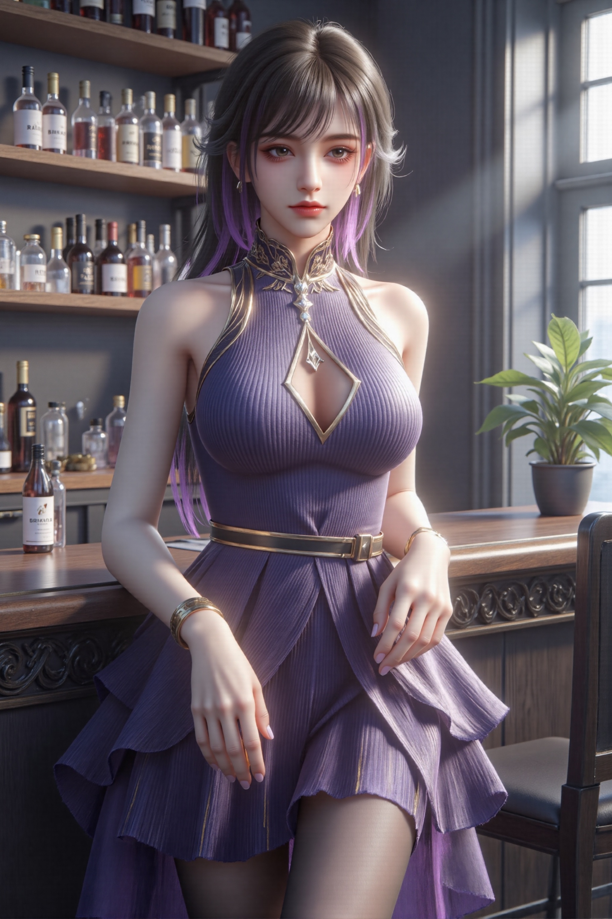 SK-wuyin,8k,CG,UHD,HDR,masterpiece,best quality,CGI illustration,official art,high resolution,((finely detail)),very fine CG,((extremely detailed)),extremely detailed CG unity 8k wallpaper,ultra-detailed,an extremely delicate and beautiful,((solo:1.5)),(Perfect body structure:1.3),Cinematic Lighting,(large breasts:1.5),(Crystal skin),colorful:1.2,(crystal_texture_skin:1.2),(highly detailed CG illustration),(Vivid Colors:1.1):1.4,(extremely detailed CG:1.2),cleavage,soft lighting and shadow,soft yet striking lighting,(skin pores:1.1),(perfect face:1.2),perfect lighting,(detailed skin texture:1),Low Key:1.1,depth of field,Detailed face,huge breasts:1.4,ray tracing,(perfect anatomy:1.2),official art,(high detailed skin),(Good structure),original,(illustration:1),close-up of character,sexy,absurdres,1girl,gem,earring,(black hair),Giant chest:1.5,long hair,looking at viewer,blurry background,motion blur,breasts,This is a highly detailed digital artwork,The dress features a plunging neckline that reveals a hint of cleavage,plant,(full body),Dynamic expression,beautiful detailed eyes,(long legs:1.1),CG rendering,perfect body,sharp focus,(legs),nature,32K UHD,ultra high definition details,Ultra High Definition,A one-of-a-kind beauty,3D rendered anime style,dress,makeup,indoors,table,potted plant,ear,red wine,bar,pantyhose,slender legs,bar counter,
