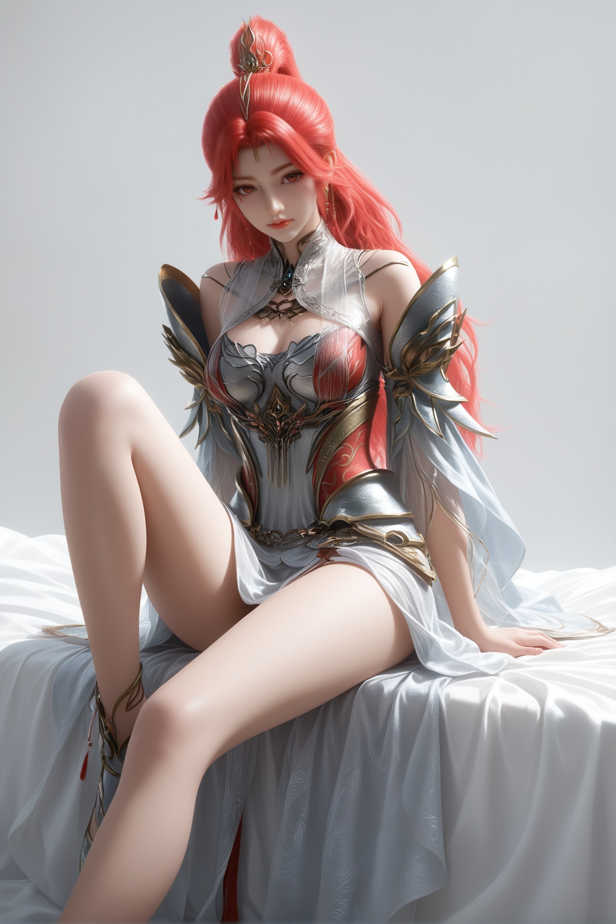 masterpiece,best quality,realistic,cinematic,detail eyes,(ultra-detailed),perfect composition,intricate details,absurdres,detailed face,high quality,high res,8K,<lora:X_huoyuner_IL3.2:0.8>,red hair,red eyes,ponytail,facial mark,1girl,long hair,breast,medium breast,hair_ornament,dress,armor,bare_legs,sitting,simple background,white_background,bed,looking_at_viewer,