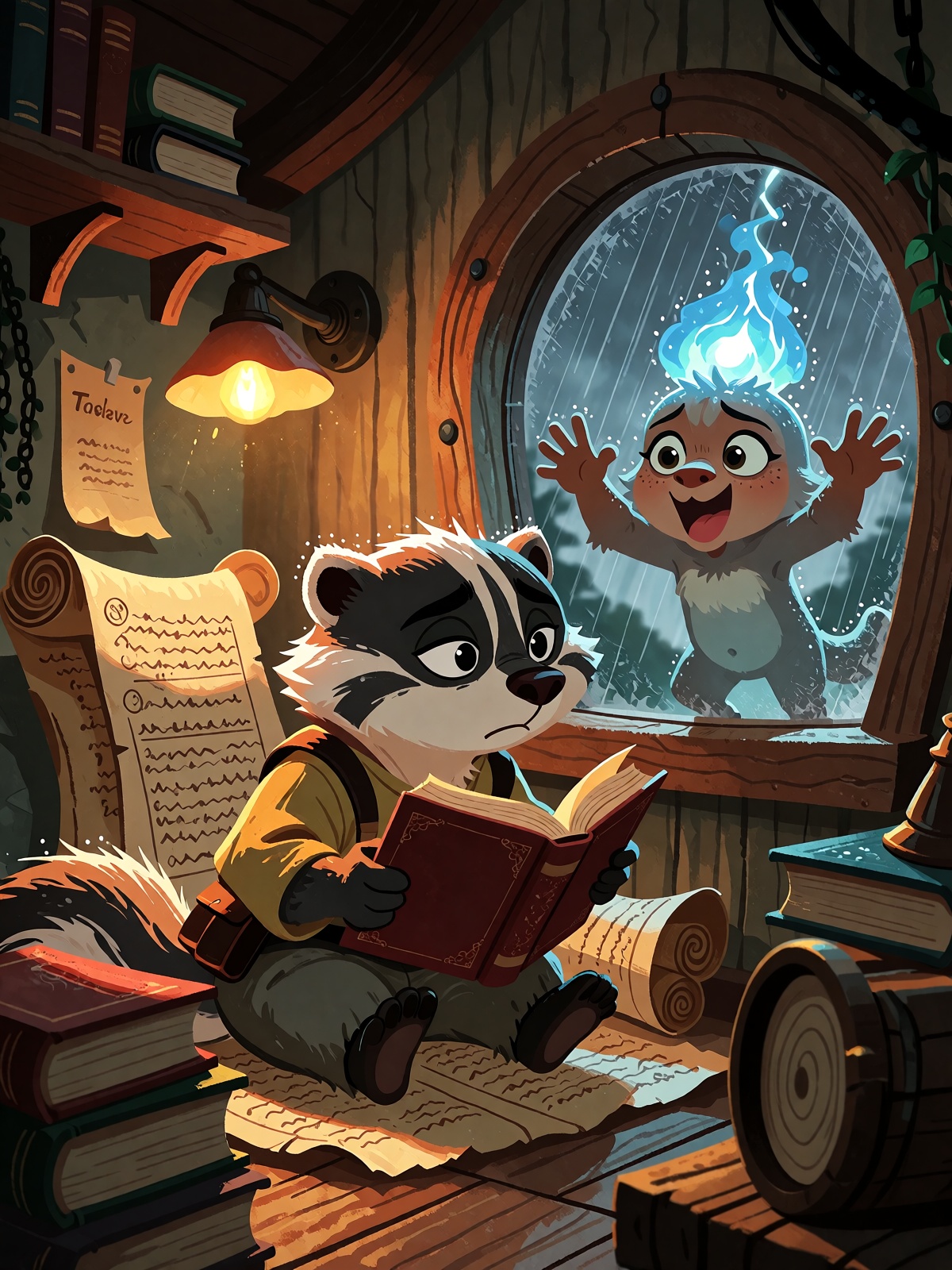 A cramped,  cozy treehouse study during a thunderstorm,  a spectacled badger scholar buried in scrolls on Tensor.Art