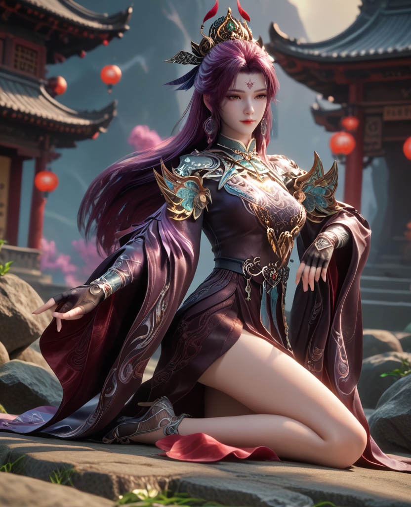 (oriental architecture, elegant decor, sophisticated style:1.1),(Resting on a boulder, looking out into the distance with a sense of wonder,:1.1),(breasts:1.2),<lora:XL16牧神记司幼幽:0.95>,miss siyouyou,aubergine tiered gown,brown eyes,forehead mark,red violet hair,very long hair,traditional chinese updo with long cascading hair,jewelry,wide flowing sleeves,shawl,black fingerless gloves,amaranth underskirt,, score_9,score_8_up,score_7_up,score_6_up,score_5_up,score_4_up,3d rendering,tag1,tag2, Cinematic Lighting,backlighting,