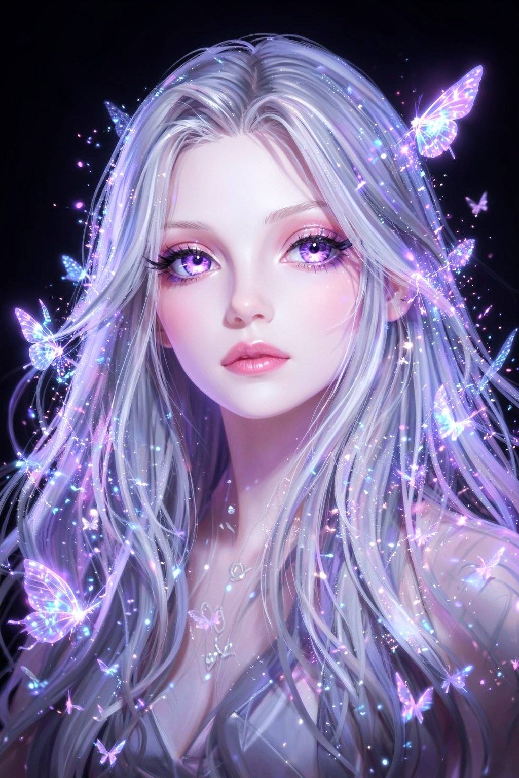 <lora:20260210_TinFlux2KleinAnimeLora2:0>, This is a highly detailed digital artwork of a young woman with ethereal features, resembling a fantasy character. She has fair, porcelain skin, large, expressive purple eyes, and long, flowing silver hair that blends with sparkling, luminescent butterflies and glowing particles. Her lips are painted a soft pink. The background is dark, making her luminous appearance stand out. The style is reminiscent of modern digital fantasy art, with a dreamy, otherworldly atmosphere.
