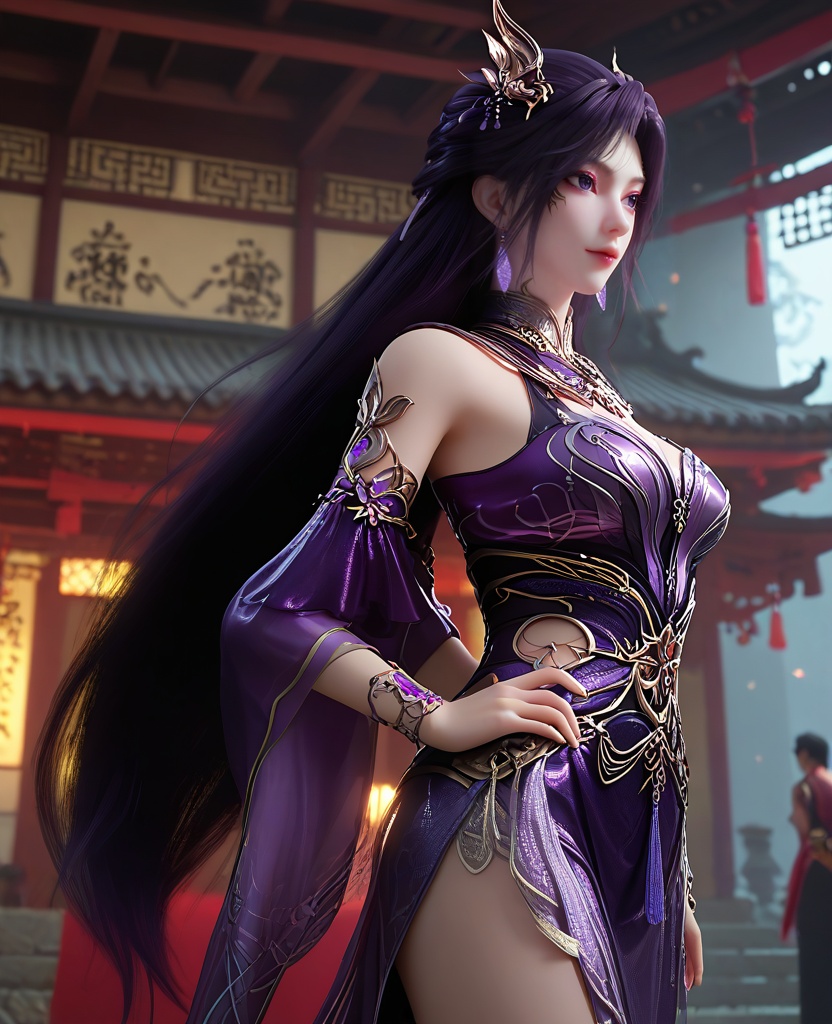 (oriental architecture, elegant decor, sophisticated style:1.1),(hands on hips:1.1),(breasts:1.2),<lora:XL16长生界燕倾城:0.95>,miss yanqiancheng,purple dress,purple eyes,eyeshadow,very long hair,dark purple hair,hair ornament,earrings,jewelry,bare shoulders,detached sleeves,wristlet,sash,, score_9,score_8_up,score_7_up,score_6_up,score_5_up,score_4_up,3d rendering,tag1,tag2, Cinematic Lighting,backlighting,