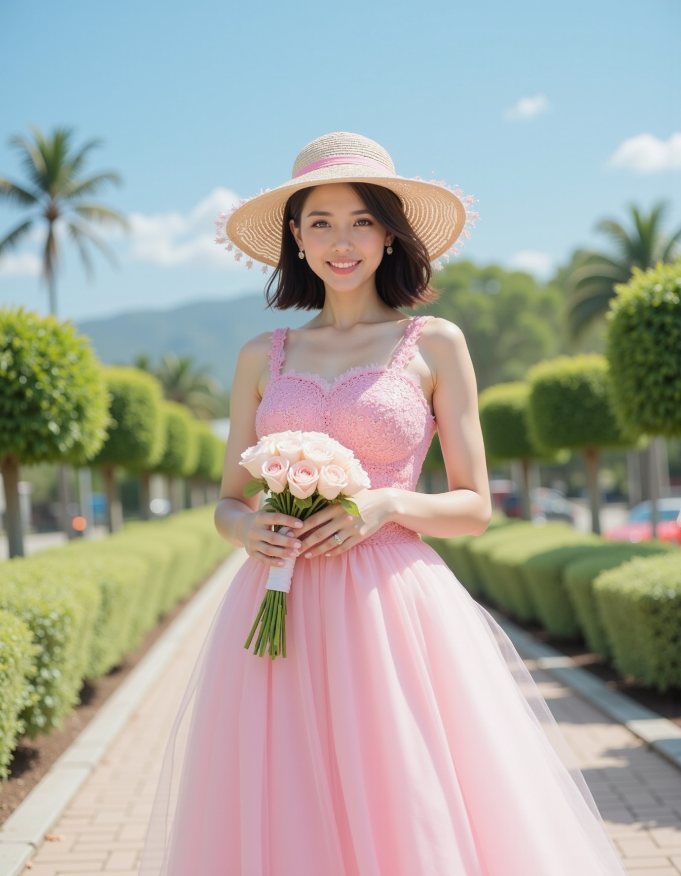asian beauty,  a woman in a pink dress and hat holding a bouquet of flowers,  standing on a walkway surrounded by plants a...