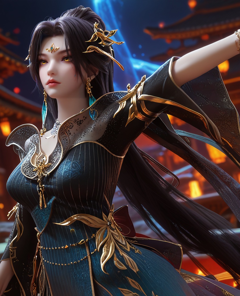 (oriental architecture, elegant decor, sophisticated style:1.1),(On her toes, arms stretched out,:1.1),close-up,(large breasts:1.2),<lora:XL16云深不知梦羲和第9集:0.95>,miss xihe,ombre gown,yellow eyes,forehead jewel,black hair,absurdly long hair,traditional chinese updo with long cascading hair,hair ornament,jewelry,earrings,wide sleeves,boots,eyeshadow,, score_9,score_8_up,score_7_up,score_6_up,score_5_up,score_4_up,3d rendering,tag1,tag2, Cinematic Lighting,backlighting,