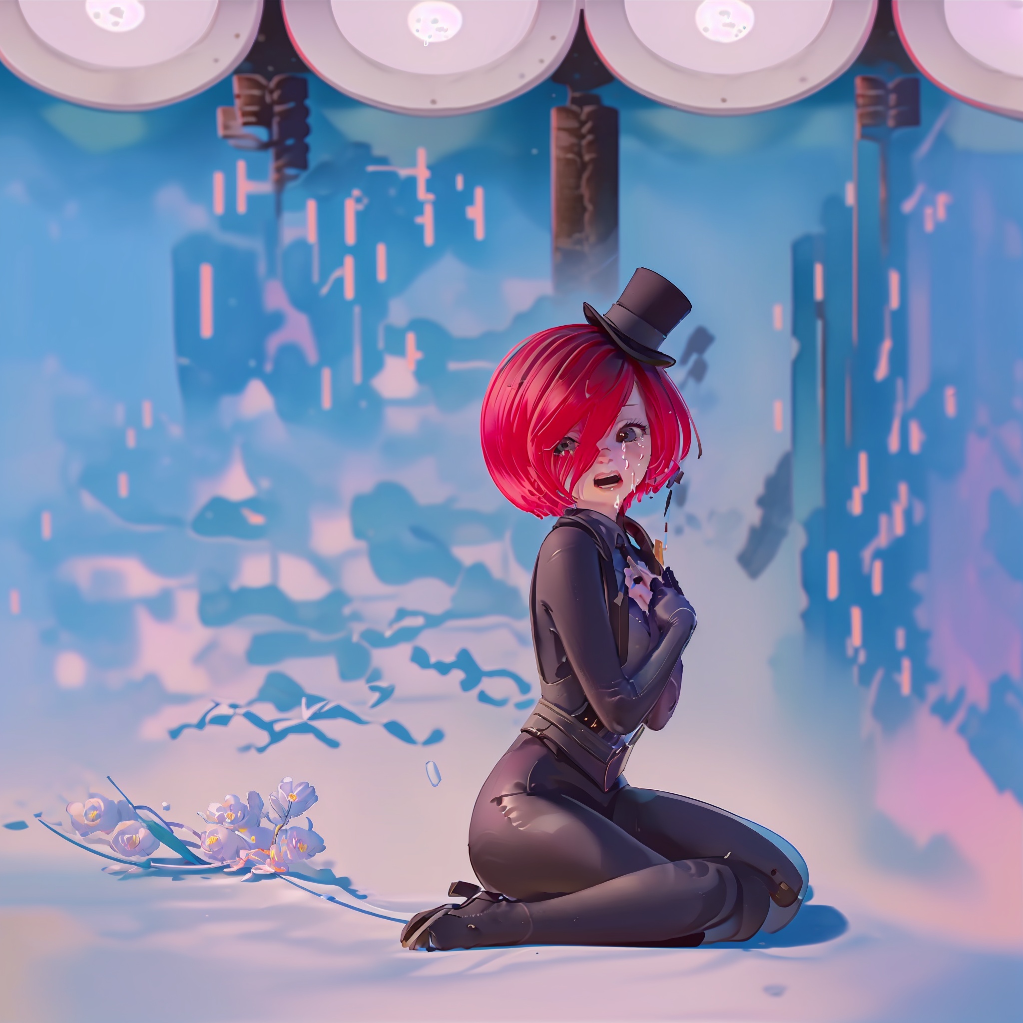 qijimiss(IP), European and American cartoon style, kwamiss sitting on the ground, crying, whole body, indoors<lora:kwamiss v1-000008:0.8>