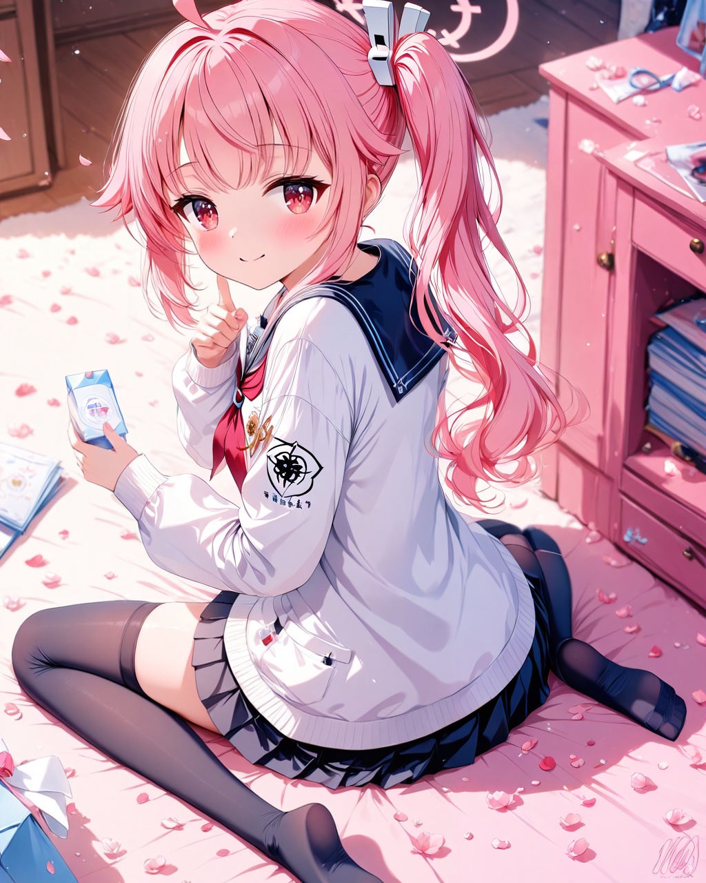 O,Five fingers,natsu (blue_archive),1girl,solo,thighhighs,side ponytail,pink hair,halo,ahoge,red eyes,black thighhighs,skirt,looking at viewer,sitting,smile,school uniform,long hair,wariza,sailor collar,black skirt,looking back,blush,serafuku,pleated skirt,bangs,long sleeves,closed mouth,petals,no shoes,(UHD),anatomically correct,accurate,textured skin,super detail,high details,award winning,best quality,high quality,retina,HD,16k,1080P,