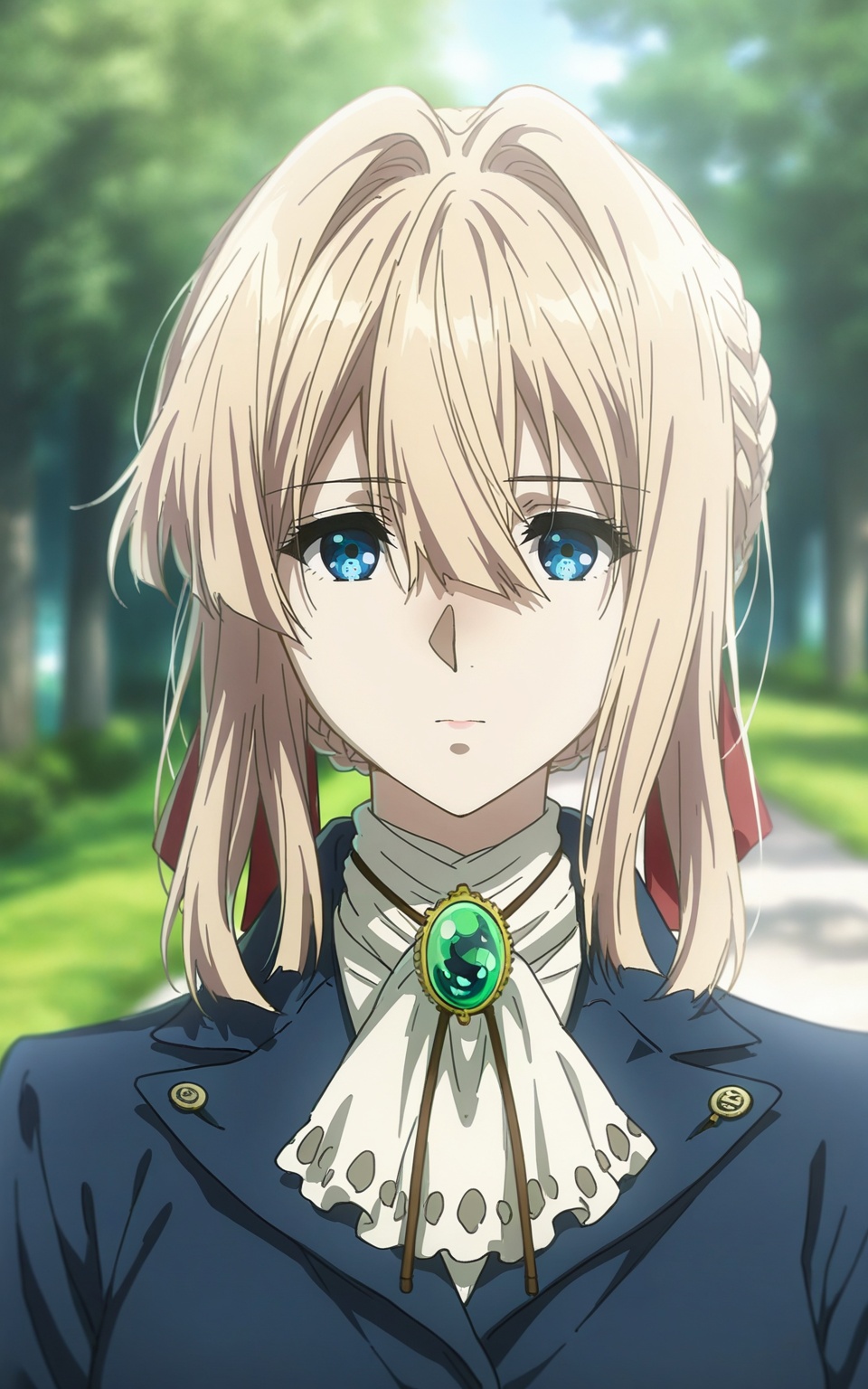 depth of field,masterpiece,best quality,very aesthetic,alternate costume,alternate costume,2024,2023,perfect composition,ultra-detailed,extreme aesthetic,(quasarcake:0.7),masterpiece,best quality,good quality,newest,year 2024,year 2023,very aesthetic,absurdres,looking_at_viewer,colorful,<lora:薇尔莉特ILL:0.8>,violet evergarden,blonde hair,blue eyes,short hair,hair ribbon,red ribbon,braid,braided bun,french braid,braided bun,weimei white ascot,weimei green gem brooch,weimei blue and white jacket,weimei juliet sleeves,weimei puffy sleeves,weimei cropped jacket,1girl,solo,anime coloring,hair intakes,outdoors,jewelry,looking at viewer,portrait,closed mouth,blurry background,blurry,road,lapel pin,tree,official style,