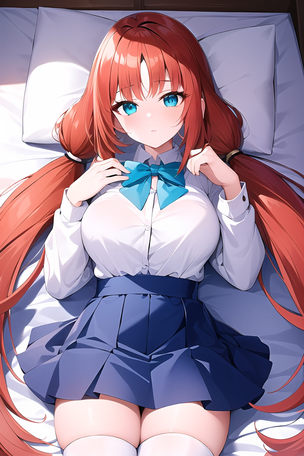 (masterpiece, best quality:1.2),insanely detailed,absurdres,ultra-highres,ultra-detailed,best quality,slender,kawaii,perfect symmetrical face,ultra cute girl,ultra cute face,ultra detailed eyes,ultra cute,ultra beautifu,<lora:nilou-000008:0.6>,nilou \(genshin impact\),1girl,breasts,low twintails,aqua eyes,school uniform,indoors,lying,from above,white thighhighs,