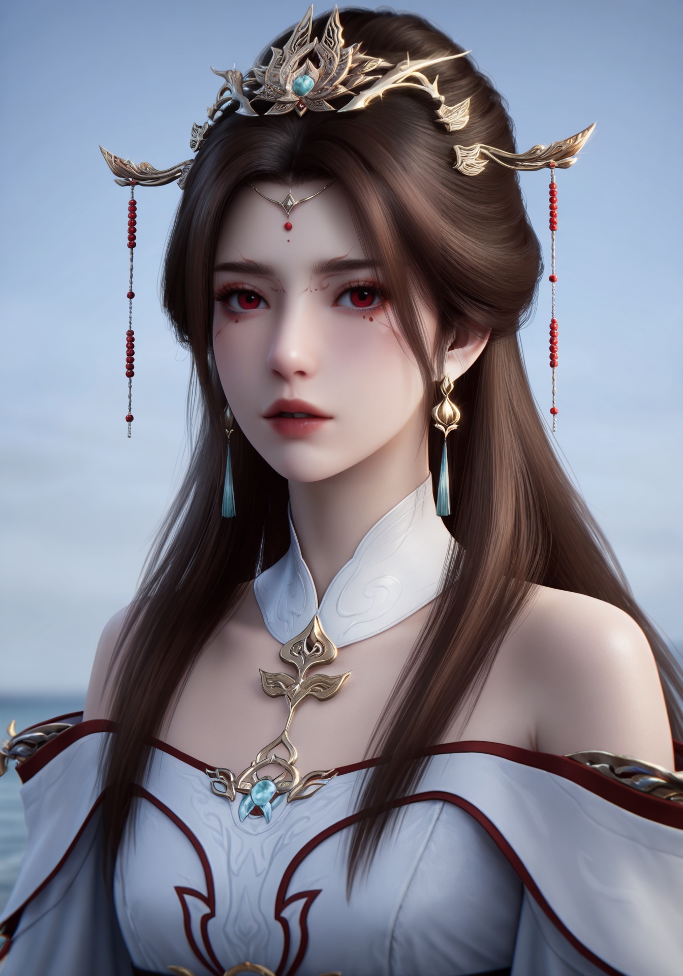 masterpiece,best quality,amazing quality,very aesthetic,high resolution,ultra-detailed,absurdres,(shiny_skin:0.6),(realistic:1.2),photorealistic,(fair_skin:1.2),pale_skin,looking_at_viewer,lvjing,<lora:姚惜雪-000015:0.6>,red eyes,1girl,dress,white dress,solo,hair ornament,jewelry,facial mark,forehead mark,bare shoulders,long hair,brown hair,earrings,realistic,detached collar,hair bun,simple background,(upper_body:1.1),