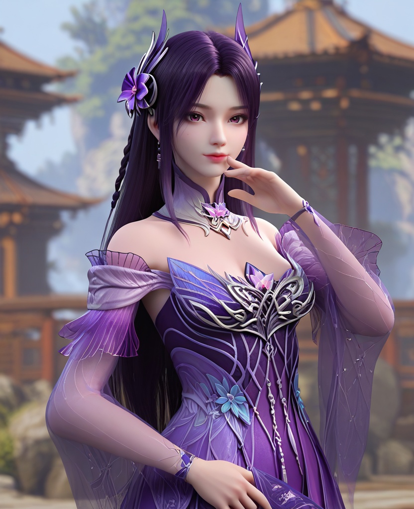 (oriental architecture, elegant decor, sophisticated style:1.1),(Posing with arms wrapped around the body,:1.1),looking at viewer,(breasts:1.2),<lora:XL16斗破苍穹小医仙黑发斗尊:0.95>,miss xiaoyixian,purple dress,rufous eyes,dark purple hair,half-up braid with long cascading hair,hair ornament,bare shoulders,detached collar,wide flowing sleeves with sheer fabric,earrings,jewelry,purple sheer fabric petticoat,sash,spiral foot decoration,purple high heels,, score_9,score_8_up,score_7_up,score_6_up,score_5_up,score_4_up,3d rendering,tag1,tag2, Cinematic Lighting,backlighting,, zPDXL3, zPDXL2,zPDXL, zPDXLxxx, zPDXLrl,