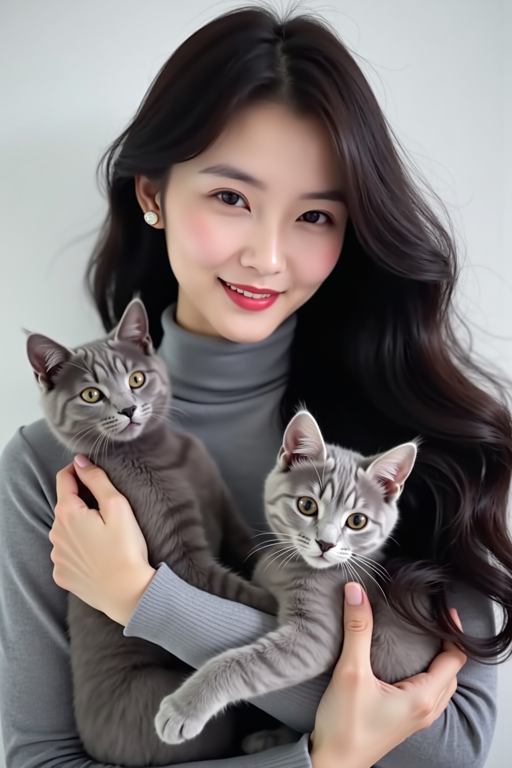 women,exquisite jewelry,long black fluffy hair,complete details,prominent highlights,gentle and romantic atmosphere,delicate texture,high-definition wallpaper,wearing a gray plush mink turtle neck sweater,long black hair scattered,elegant,holding a gray silver gradual cat and a gray English short blue cat,cat lens close-up,face close-up,smile,very beautiful,upper body portrait,white background,detail description,fine texture,super clear picture quality,