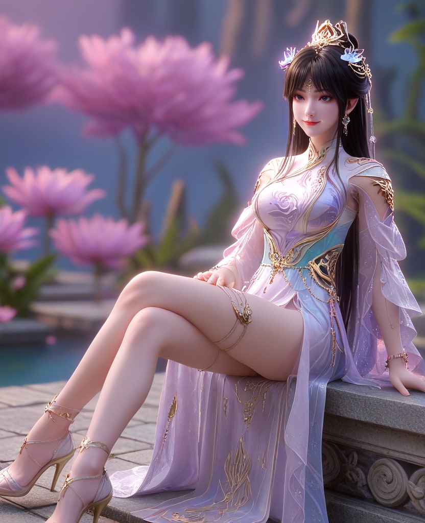 (Sitting on a bench with legs crossed, smiling at the camera,:1.1),(large breasts:1.2),<lora:XL16云深不知梦云珞璇魂体:0.95>,miss yunluoxuan,white dress,black hair,long hair,hair ornament,earrings,jewelry,hair bun,bracelet,lotus throne,, score_9,score_8_up,score_7_up,score_6_up,score_5_up,score_4_up,3d rendering,tag1,tag2, Cinematic Lighting,backlighting,