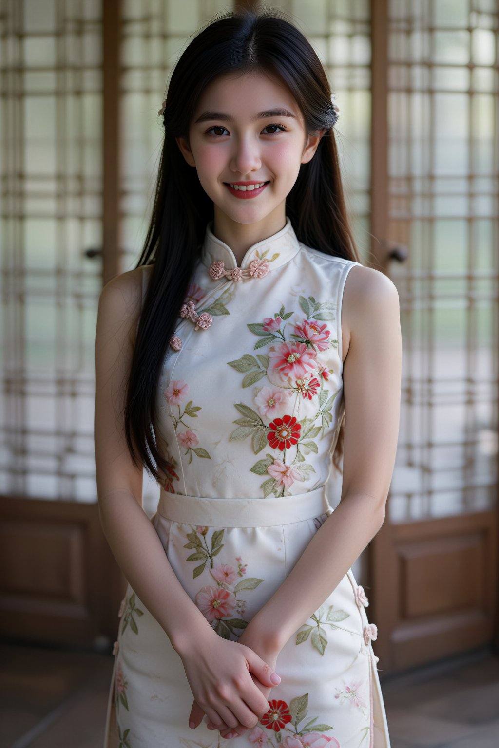 The image depicts a young Asian woman standing indoors in front of a traditional wooden door with grid-patterned glass pan...