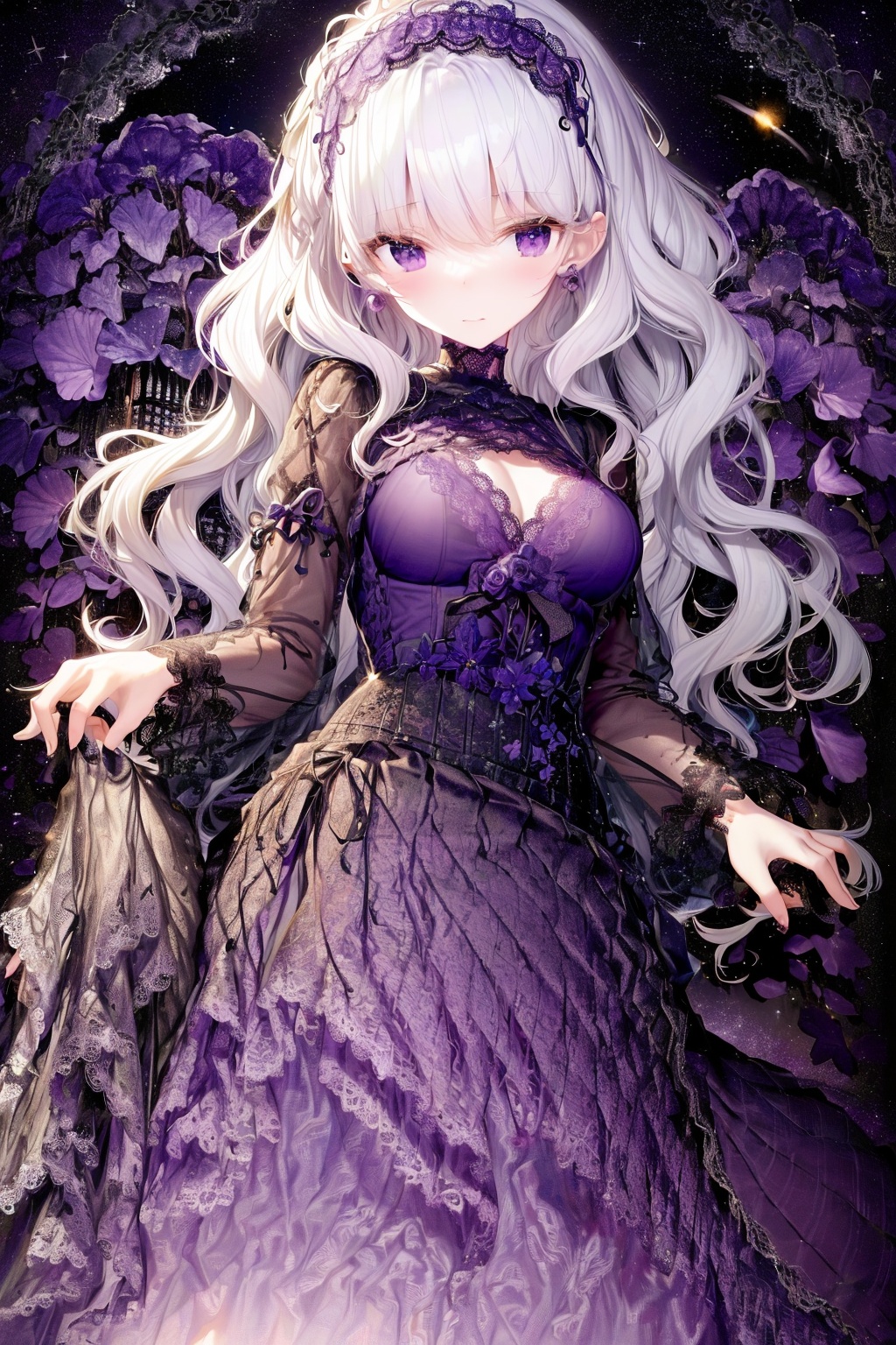 <lora:艺术家_アサ2-000017:1>, (Ink and wash:1.3),(Gothic:1.6),[(nsfw)::1],[[delicate fingers and hands:0.55]::0.85],(:Violet:0.9):1.12222}},{(:blue:0.6):1.11111},{(black::0.3):1.13333},(girl Focus:1.4),(beautiful detailed eyes:1.1),(beautiful detailed girl:1.2),[:outline:0.9],(solo:1.2),(1girl have Violet _flowers:1.4),(Galaxy),(colorful (planets:1.1)),Negative space,background detailed,(Starry sky adorns beautiful detailed dress),golden {leaf-shape} headdress around two sides of head,(full of size:1.1)],full body,(standing:1.3),(sketch:1.05),(watercolor:1.02),(beautiful detailed Violet_flowers),(beautiful detailed water),(looking at viewer:1.4),(Violet tone:1.6),(1Girl_(tulle lace dress,Long_skirt:1.3),(Organza lace:0.3),(bow:1.3) (she_with_(white:0.8)_hair:1.1),(wavy hair:1.3),(Violet:1.2)_inner_hair:1.4),(hairband , flower hair_ornament:1.25),(she_with_(Glowing_eyes:0.8)),(Violet eyes:1.3),(she_have _(medium breasts:1.2)),(she(黒いマスク:1.3),(Long sleeves with wide sleeves, ribbon-trimmed sleeves)),(she(Earrings:1.2),(Lace up socks:1.2)),(shiny skin:1.3),(Violet gems:1.4),moon,(Violet flowers:1.3),(Violet flowers scattered:1.4),(Sputtering:1.3)/= (Sputtering_Viole_rose:1.6),(Violet_flowers Sputtering:1.4),<(+++(burn the Pinkish Viole blood))//)>,<(+++++(Viole_Fire,)//)>,cinematic lighting,volume lighting,bloom effect,light particles