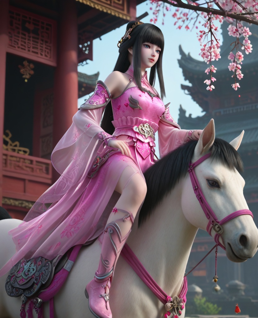 (oriental architecture, elegant decor, sophisticated style:1.1),(riding a horse:1.1),(breasts:1.2),<lora:XL16墓王之王林水瑶:0.95>,miss linshuiyao,pink dress,see-through,blue eyes,black hair,hime cut,long hair,hair ornament,detached sleeves,hair bun,sash,spiral leg decoration,pink boots,, score_9,score_8_up,score_7_up,score_6_up,score_5_up,score_4_up,3d rendering,tag1,tag2, Cinematic Lighting,backlighting,