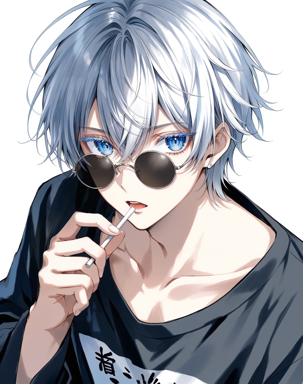 jw,Noyu,1boy, male focus, solo, blue eyes, gojou satoru, lollipop, shirt, white hair, short hair, candy, sunglasses, black shirt, colored eyelashes, looking at viewer, food, hair between eyes, bangs, simple background, holding, holding lollipop, holding candy, hand up, white background, upper body, holding food, collarbone, open mouth, portrait, long sleeves, round eyewear, eyelashes, traditional media, cigarette, grey background