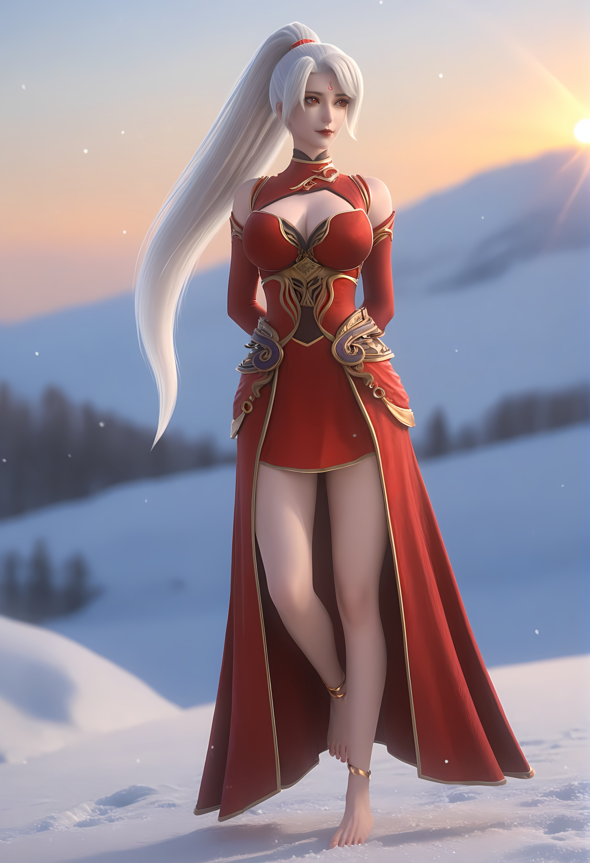 (score_9),<lora:焰羽女神-Apony-000009:0.86>,yanyu,solo,1girl,white hair,long hair,ponytail,hair rings,forehead mark,red eyes,red dress,high collar,detached sleeves,full body,standing,arms behind back,skirt,barefoot,anklet,<lora:perfect-eyes:0.8>,looking at viewer,front view,female,mature,(mature_female:1.1),glamor,collarbone,puffy breasts,pointy_breasts,large breasts,OverallDetail,fair_skin,(white_skin),(Ivory_skin),rim light,Cinematic Lighting,Volumetric Lighting,lens flare,Tyndall effect,snow,ice,snowflakes,gradient_sky,cinematic_angle,dynamic_angle,depth of field,bokeh,<lora:e色温:-0.5>,<lora:Expressive_H:0.8>,<lora:e肤色滑块:-0.5>,<lora:SkinRealityOrg_ponyv6_loraplus:0.25>,<lora:SDS-XL泛光调节器_v1.0:0.1>,