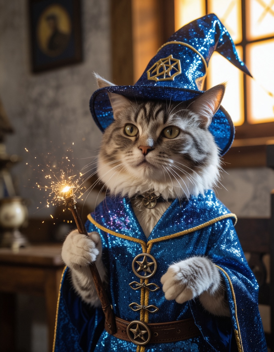 a cat,  ((wizard outfit)),  epic scene on Tensor.Art