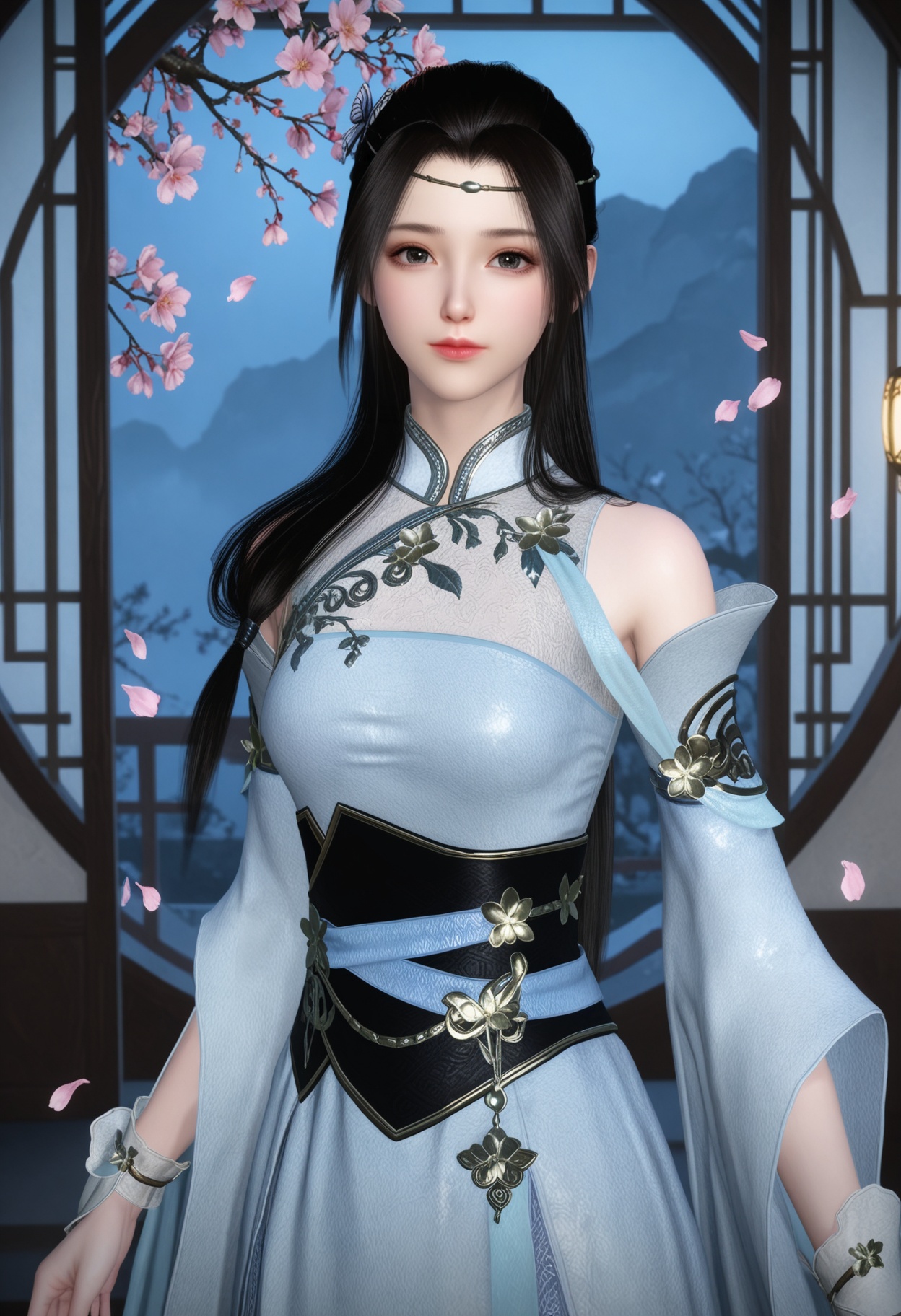 (upper_body:1.2),(looking at viewer:1.1),masterpiece,(best quality),smog,Dark room,dim lighting,peach blossom,falling petals,<lora:YQ_Illustrious光辉v5_叶雪青_V1:0.8>,q1528437228,1girl,solo,long hair,black hair,dress,hair ornament,white dress,chinese clothes,detached sleeves,sash,butterfly hair ornament,jewelry,brown hair,bracelet,circlet,black eyes,wide sleeves,long sleeves,obi,white footwear,