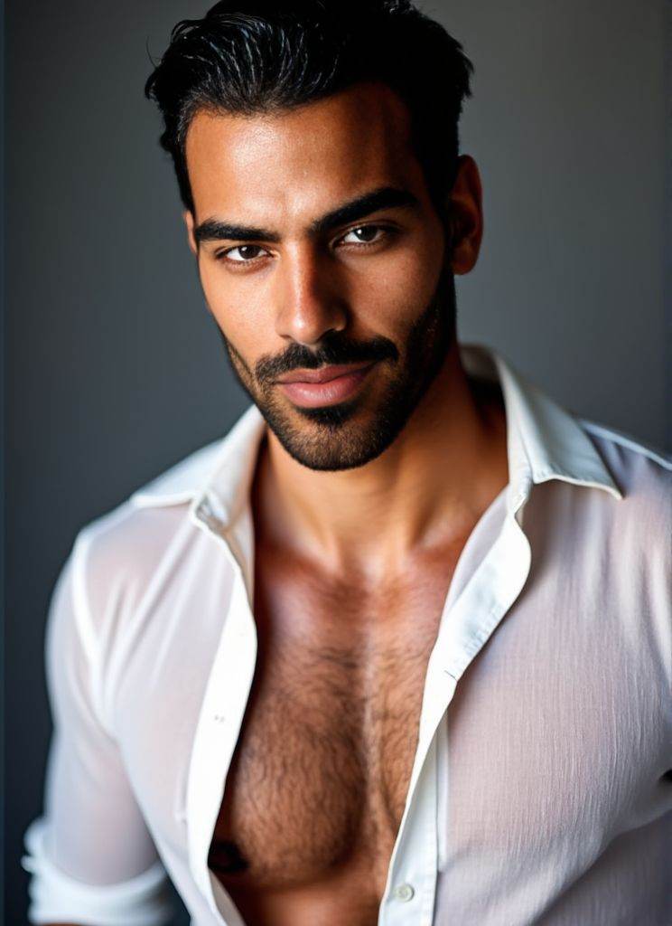 Nyle Dimarco ,  Photorealistic . sheer white shirt half‑removed. intricate fabric textures. dramatic studio lighting. ultr...
