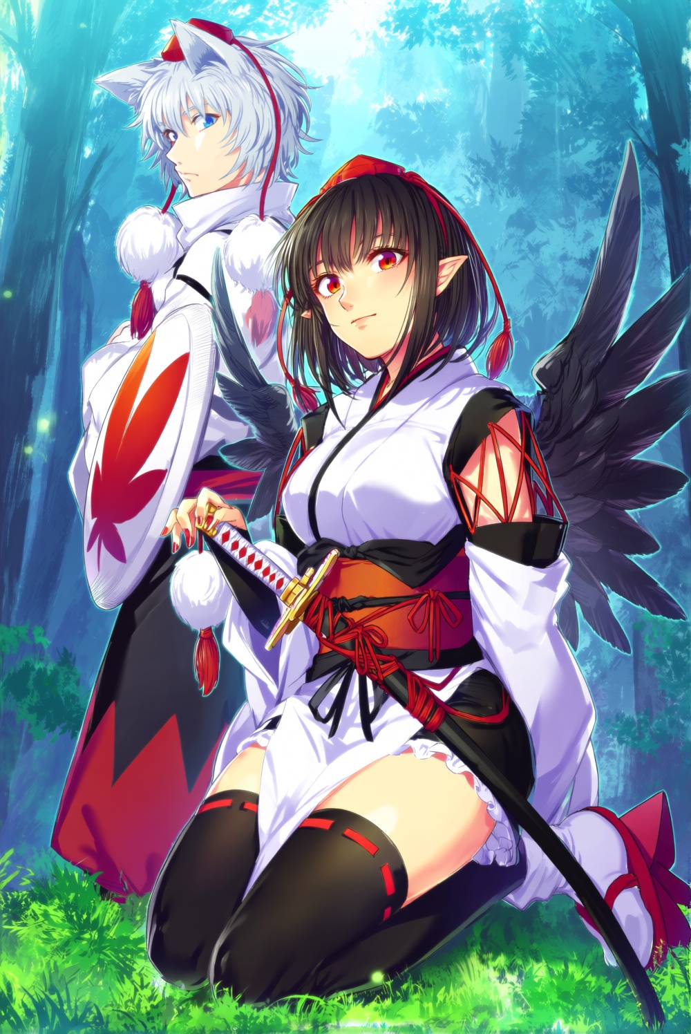 @cibo \(killy\). Two fantasy characters in a forest. The foreground character is Shameimaru Aya a young woman with short b...