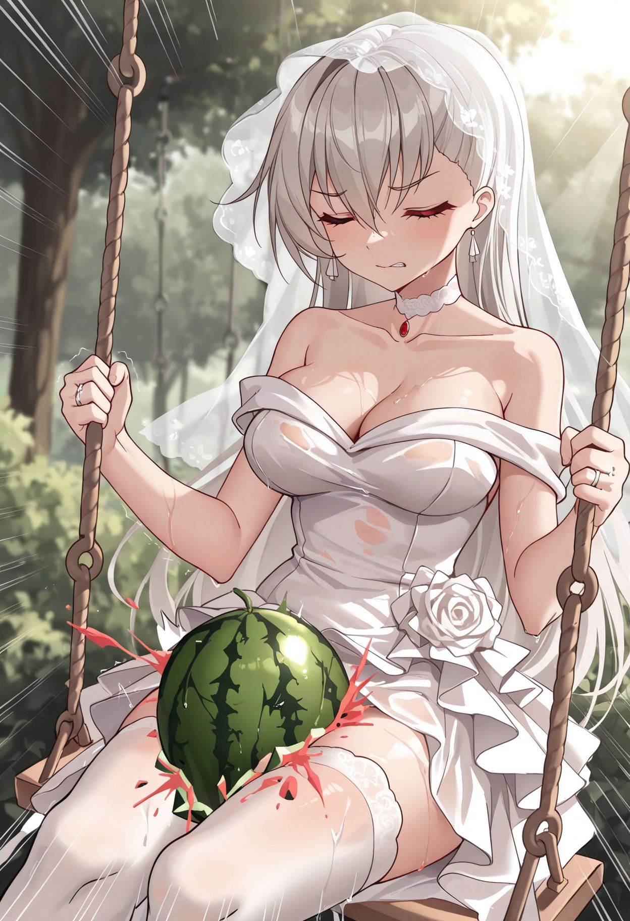 crushing food,  watermelon between thighs,  splatter on Tensor.Art