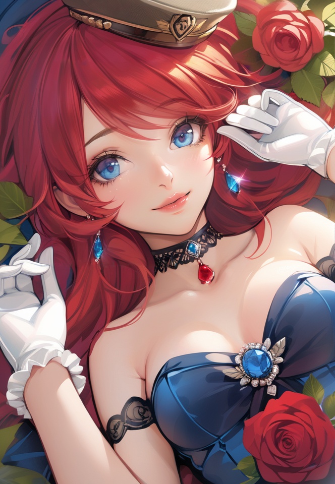 (best quality), ((masterpiece)), (highres), illustration, original, extremely detailed,  <lora:ACG ART_Vl:0.7>1girl, solo, flower, red hair, blue eyes, long hair, breasts, looking at viewer, gloves, choker, jewelry, rose, smile, nail polish, lying, on back, bare shoulders, hat, lips