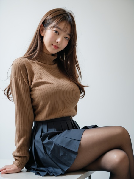 score_9, score_8_up, score_7_up, score_6, score_5, score_4, realistic, japanese, 1girl, sexy, beutiful girl, photo, big breasts, thick thighs, sitting, brown sweater, pleated skirt, pantyhose, brown hair, long hair, (smile:0.5), white background