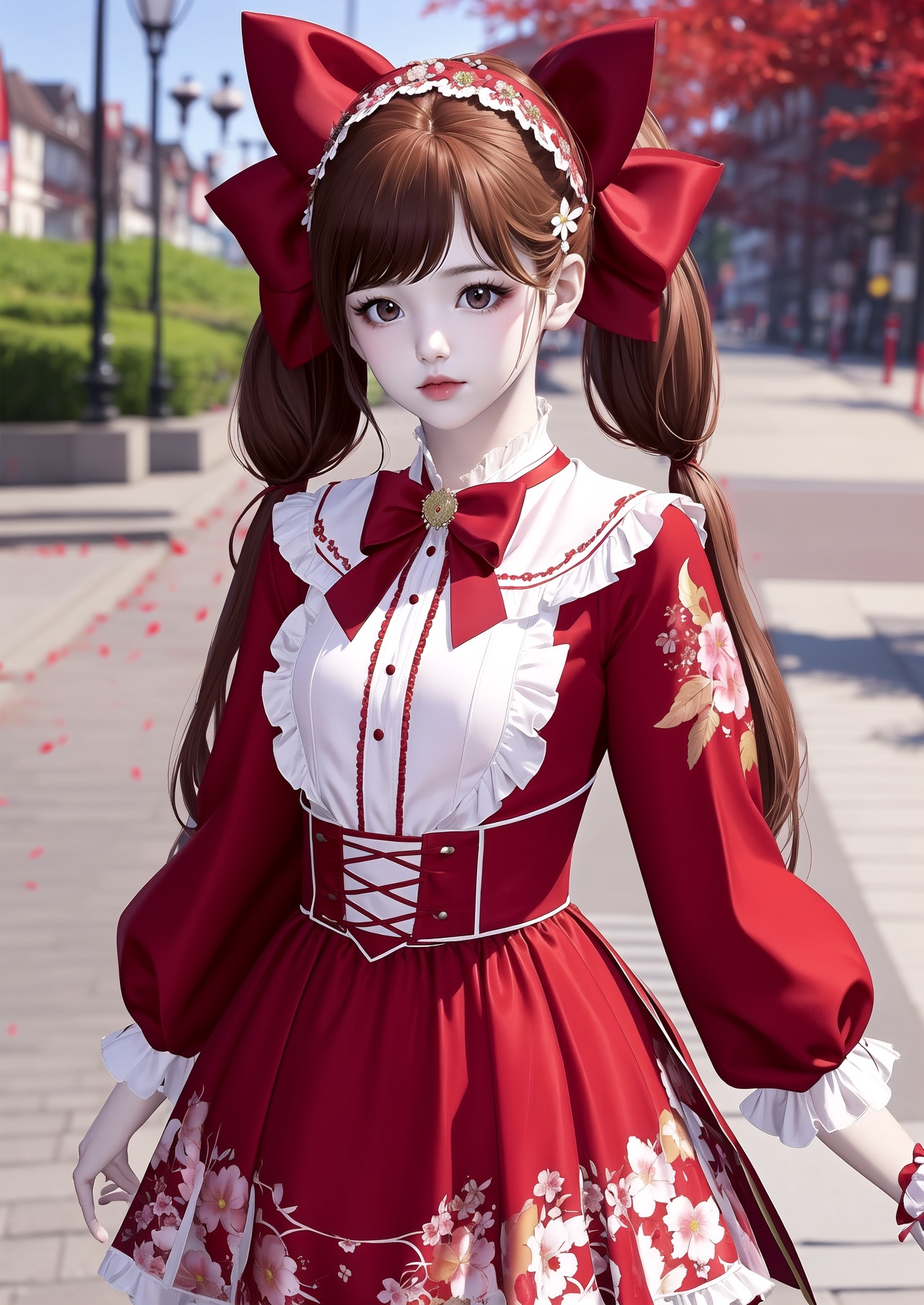 masterpiece,best quality,1girl,solo,brown hair,dress,twintails,brown eyes,blurry,blurry background,lolita fashion,long sleeves,looking at viewer,red dress,long hair,outdoors,capelet,floral print,hairband,red capelet,bow,frills,