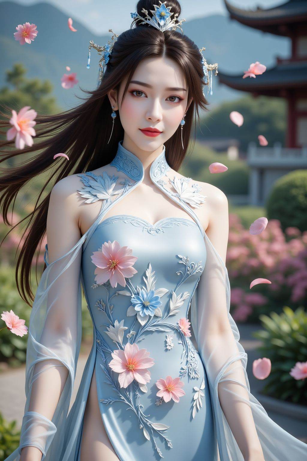 The image features a young woman with long, flowing brown hair that is being blown to the side, suggesting movement or wind. She is wearing a light blue, sleeveless cheongsam dress adorned with intricate floral embroidery in white, pink, and blue, with delicate vines and leaves. The dress has a high collar with a small opening at the neck. Her right arm is hanging by her side, while her left hand is gently resting on her hip. She is wearing dangling earrings. The background is blurred, showing greenery and what appears to be traditional architectural elements, possibly a temple or pavilion, with a mountainous landscape in the distance. Pink flower petals are scattered throughout the image, adding a dynamic and ethereal quality to the scene. The overall composition suggests a serene, elegant, and slightly whimsical atmosphere. <lora:20251027_TinFlux1AnimeCharactersNSFW_Epoch9:1>