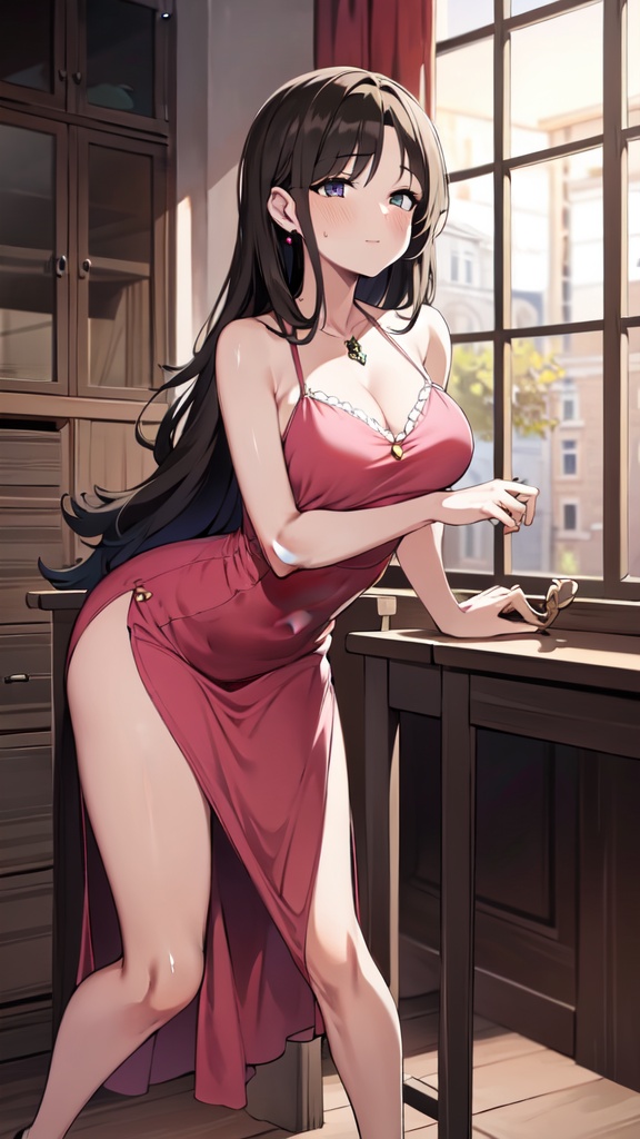 1 Girl Solo Long Hair Brunette Looking at the Audience Breasts Jewelry Pink Dress Chair Translucent Closed Mouth Indoor Body Leaning Forward Slightly 8K