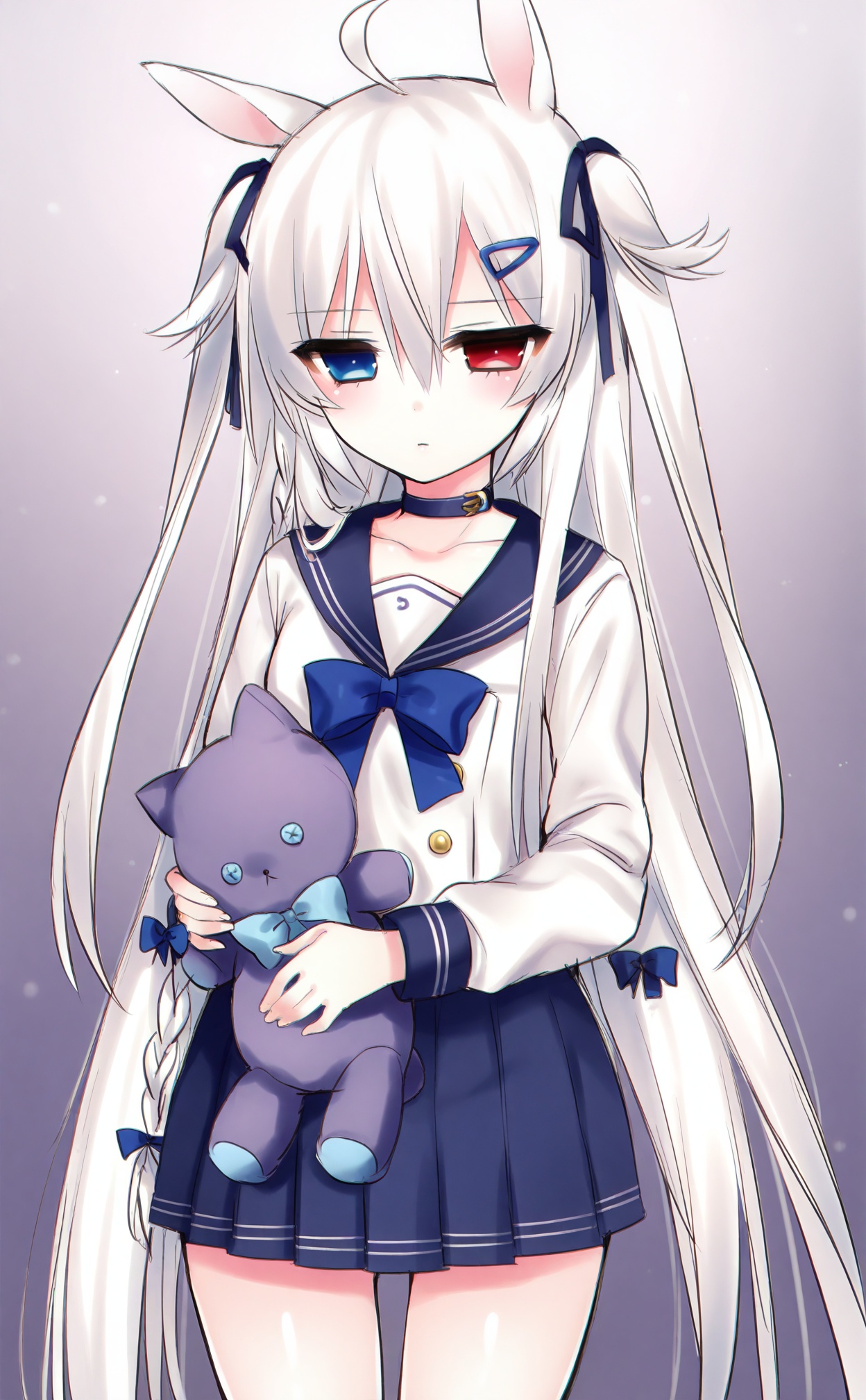 masterpiece,absurdres,best quality,((petite)),loli,high quality,chromatic_aberration,shiny_skin,//,1girl, heterochromia, animal_ears, long_hair, solo, white_hair, blue_eyes, rabbit_ears, two_side_up, ahoge, stuffed_toy, hair_ornament, ribbon, red_eyes, choker, school_uniform, braid, hair_ribbon, stuffed_animal, hairclip, serafuku, bow//,<lora:月影ネム——【CKXL】hans:1>,