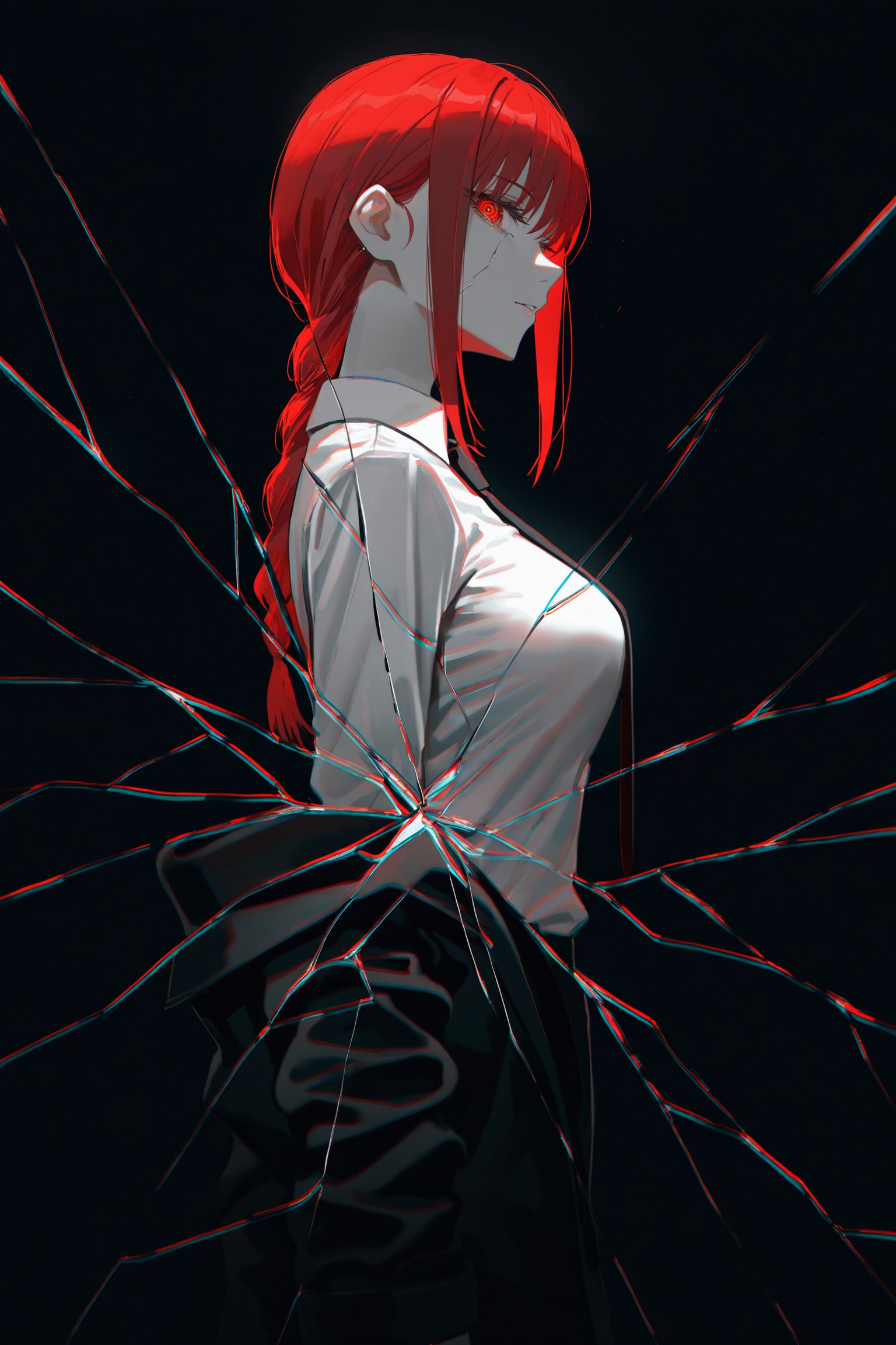by [lack|fuzichoco|lam|kinta \(distortion\)|wlop|quasarcake|nixeu|happoubi jin],dark,black theme,spot color,red eyes,looking at viewer,makima \(chainsaw man\),jacket,necktie,black background,from side,high contrast,indoors,impasto,cracked glass,reflection,chromatic aberration,glitch,masterpiece,best quality,very aesthetic,absurdres,<lora:illustrious_noobai_epsilon_pred_1_masterpieces_v1:1>,<lora:illustrious_noobai_epsilon_pred_1_best_quality_v1:1>,