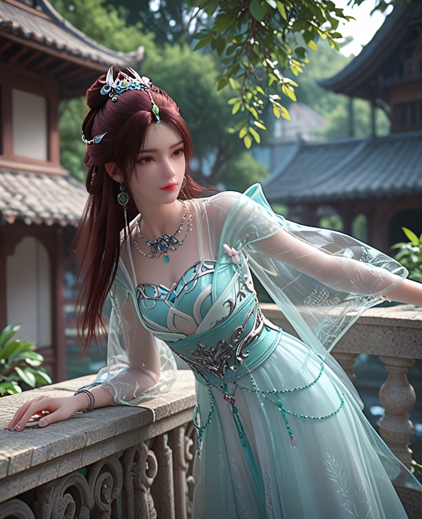 (oriental architecture, elegant decor, sophisticated style:1.1),climbing,(breasts:1.2),<lora:XL完美世界叶倾仙:0.9>,miss yeqingxian,solo,see-through vest,green  corset,sash,see-through sleeves,see-through outerskirt with white petticoat underneath,brown eyes,brown hair,long hair,hair ornament,half updo,hanging hair,necklace,earrings,jewelry,, zPDXL2, score_9, score_8_up, score_7_up BREAK realistic, masterpiece,best quality, highly detailed,, zPDXL3, zPDXL2,zPDXL, zPDXLxxx, zPDXLrl,