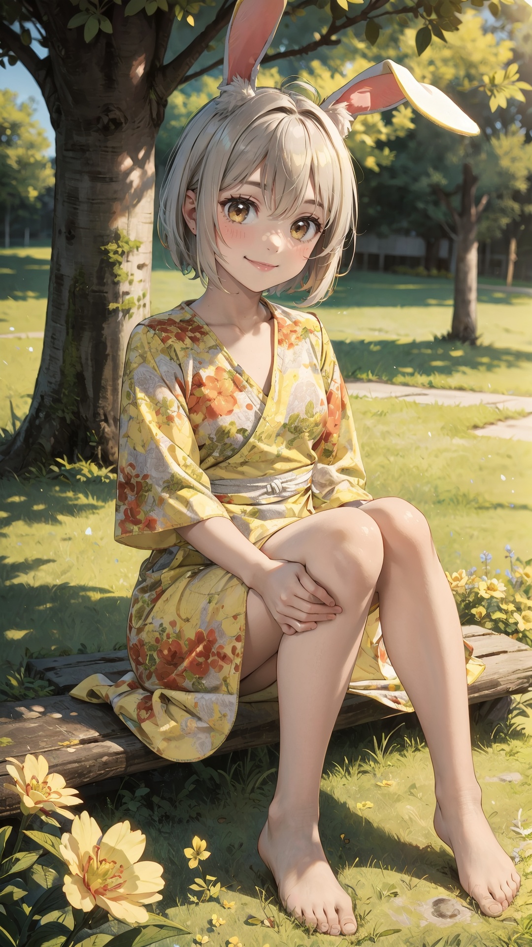tutututu,dress,yellow flower dress,long sleeves,obi,<lora:yellow_dress_V2-000006:0.65>,1girl,solo,animal ears,rabbit,barefoot,knees up,sitting,rabbit ears,short sleeves,looking at viewer,grass,short hair,smile,white hair,outdoors,,bangs,on ground,full body,animal,white dress,sunlight,brown eyes,dappled sunlight,day,depth of field,