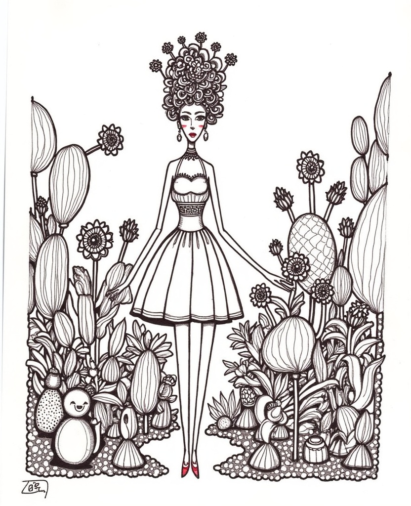 A whimsical black and white ink drawing of a slender woman with a long neck and exaggerated features, standing in a surreal garden filled with oversized flowers and plants. She wears a flared dress with a sweetheart neckline and a large, intricate headpiece adorned with flowers. The background is filled with intricate details of various flora, including cacti and other exotic plants. The drawing has a playful and fantastical style, with a sense of movement and whimsy. The artist's signature is in the bottom left corner. <lora:flux_线条插画:1>