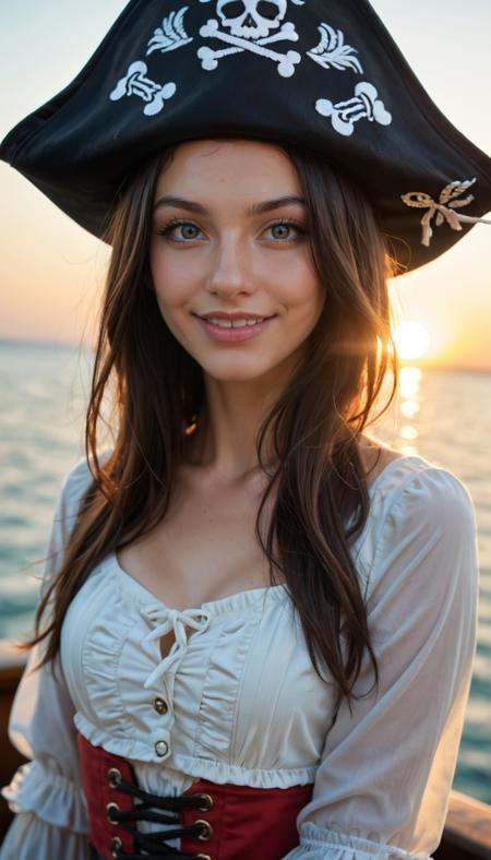 score_9_up, score_8_up, score_7_up, Raw Photo, Portrait, girl, pirate, spanish, cute, seductive, innocent, light smile:0.3, plump lips, slender body, black hat, epic Sunrise, soft lighting, vibrant color, boat port background, depth of field, dynamic angle, photo realistic:1.4, realistic skin:1.4, fashion photography, sharp, analog film grain, hyperdetailed:1.15