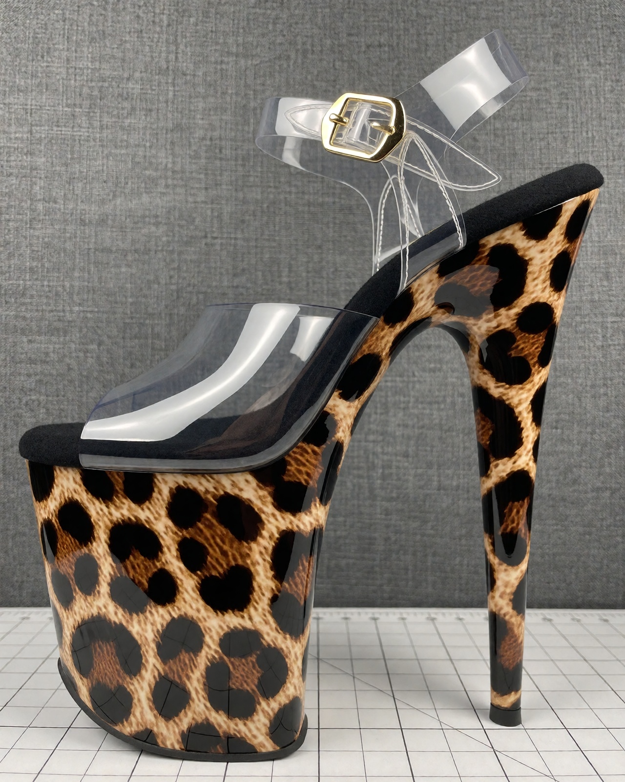 A detailed side-profile product photograph of a single leopard-print patent Pleasers Flamingo extreme platform heel on a w...