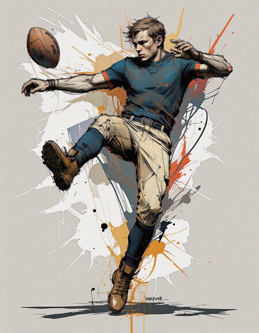 InkPunk style. A football player wearing a dark blue jersey,  beige striped pants,  and brown boots is captured mid-action...