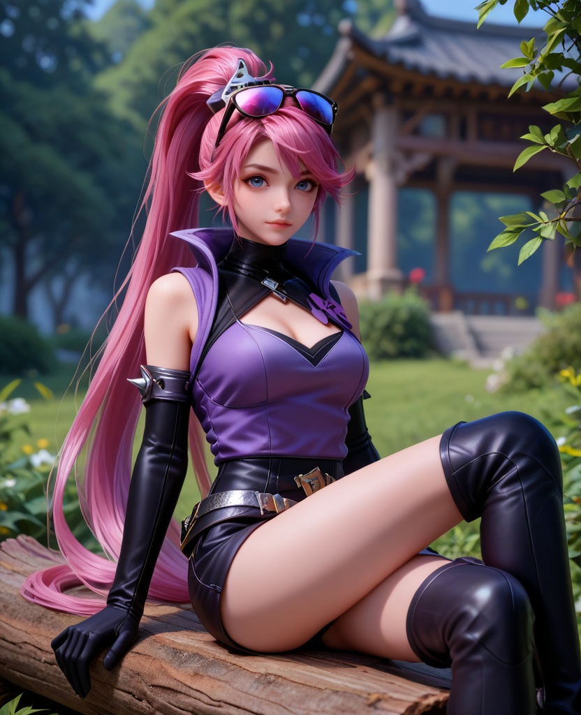 (oriental architecture, elegant decor, sophisticated style:1.1),(Sitting on a fallen log, legs crossed, looking content and peaceful,:1.1),(large breasts:1.2),<lora:XL16王者荣耀孙尚香杀手不太冷:0.95>,miss sunshangxiang,violet vest,black shorts,blue eyes,ponytail,violet dip-dye for pink hair,absurdly long hair,eyewear on head,black elbow gloves,black thigh boots,belt,medium breasts,, score_9,score_8_up,score_7_up,score_6_up,score_5_up,score_4_up,3d rendering,tag1,tag2, Cinematic Lighting,backlighting,, zPDXL3, zPDXL2,zPDXL, zPDXLxxx, zPDXLrl,