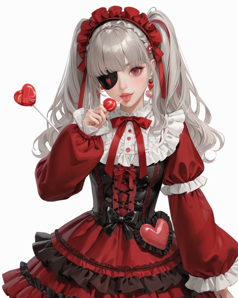 (best quality), ((masterpiece)), (highres), illustration, original, extremely detailed, <lora:ACG ART3_XL:0.7>1girl, solo, long hair, food, candy, lollipop, eyepatch, tongue out, tongue, heart, hairband, sleeves past wrists, long sleeves, simple background, lolita fashion, red eyes, frills, looking at viewer, grey hair, white background