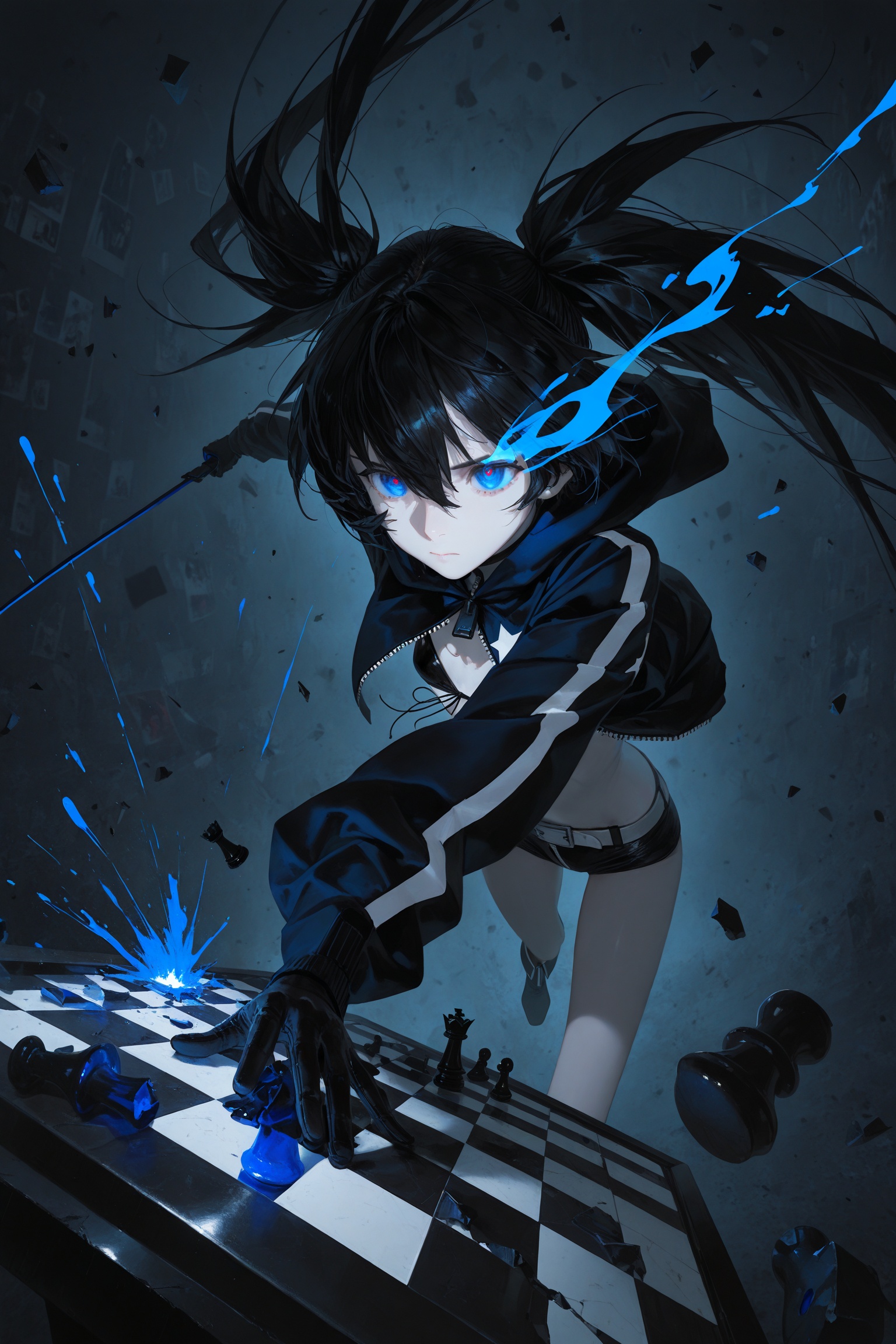 masterpiece,best quality,amazing quality,very aesthetic,absurdres,newest,(dino_(dinoartforame):0.5),(yoneyama mai:0.5),(Yomu:0.3),(quasarcake:0.4),(wlop:0.3),dark,black_rock_shooter_(character),black_rock_shooter,1girl,black_hair,blue_eyes,newest,year 2024,year 2023,very aesthetic,absurdres,A shot with tension,(Visual impact,giving the poster a dynamic and visually striking appearance),impactful picture,offcial art,colorful,splash of color,movie perspective,from_above,chessboard,broken pieces,