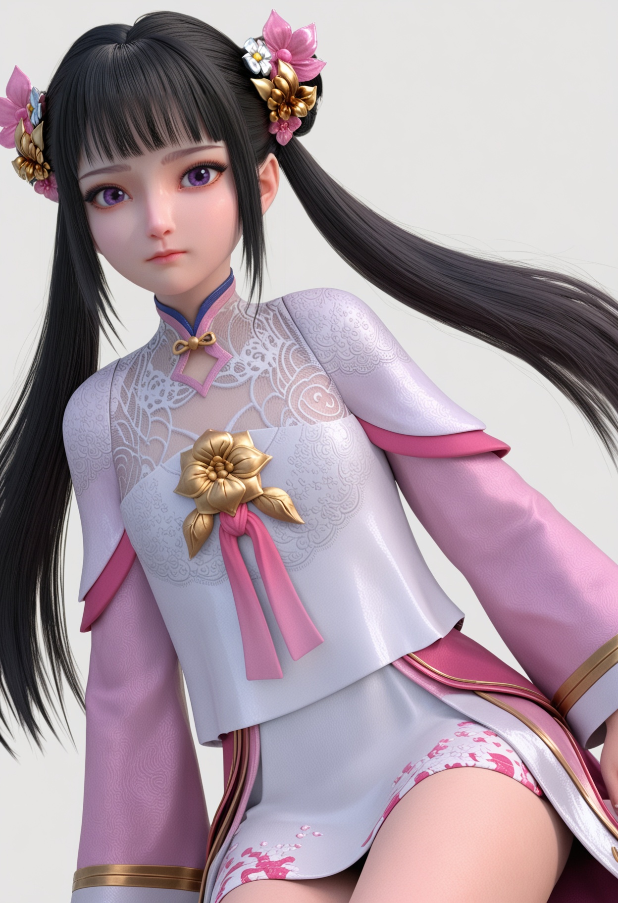 score_9,high detail,best quality,shiny skin,shiny,xiyan,1girl,solo,purple eyes,black hair,long hair,twintails,chinese clothes,hair ornament,white background,dress,flower,realistic,double bun,long sleeves,simple background,closed mouth,blunt bangs,sidelocks,pink dress,looking at viewer,thighs,<lora:QQSponyxiyanV1:0.8>,<lora:Pony_DetailV2.0:0.8>,<lora:皮肤凹痕:0.1>,