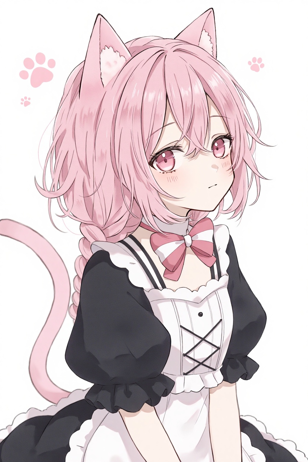 yuni,anime character, pink hair, cat ears, has tail, maid outfit, black white, striped bow, paw print background